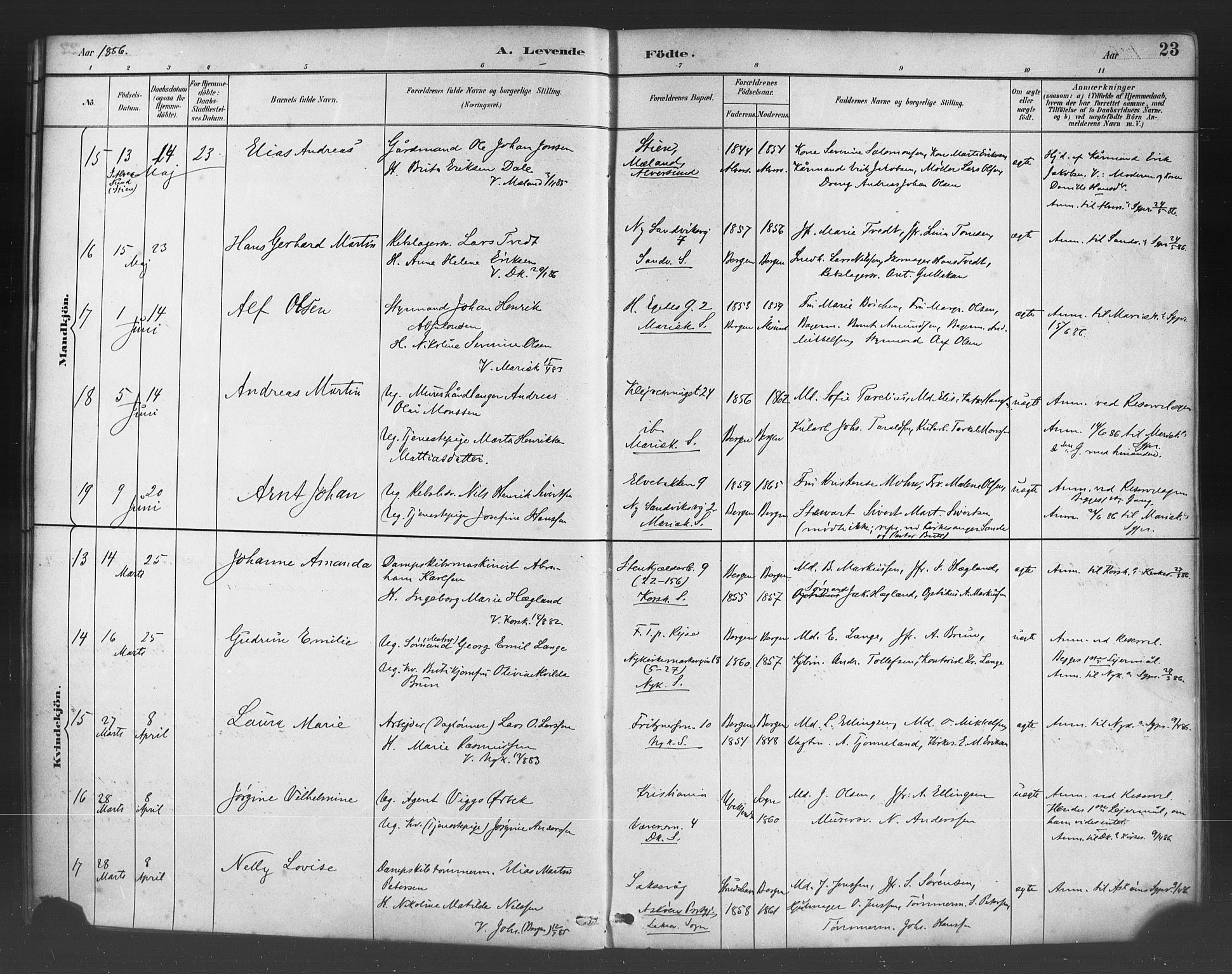 Fødselsstiftelsens sokneprestembete*, SAB/-: Parish register (official) no. A 2, 1884-1900, p. 23