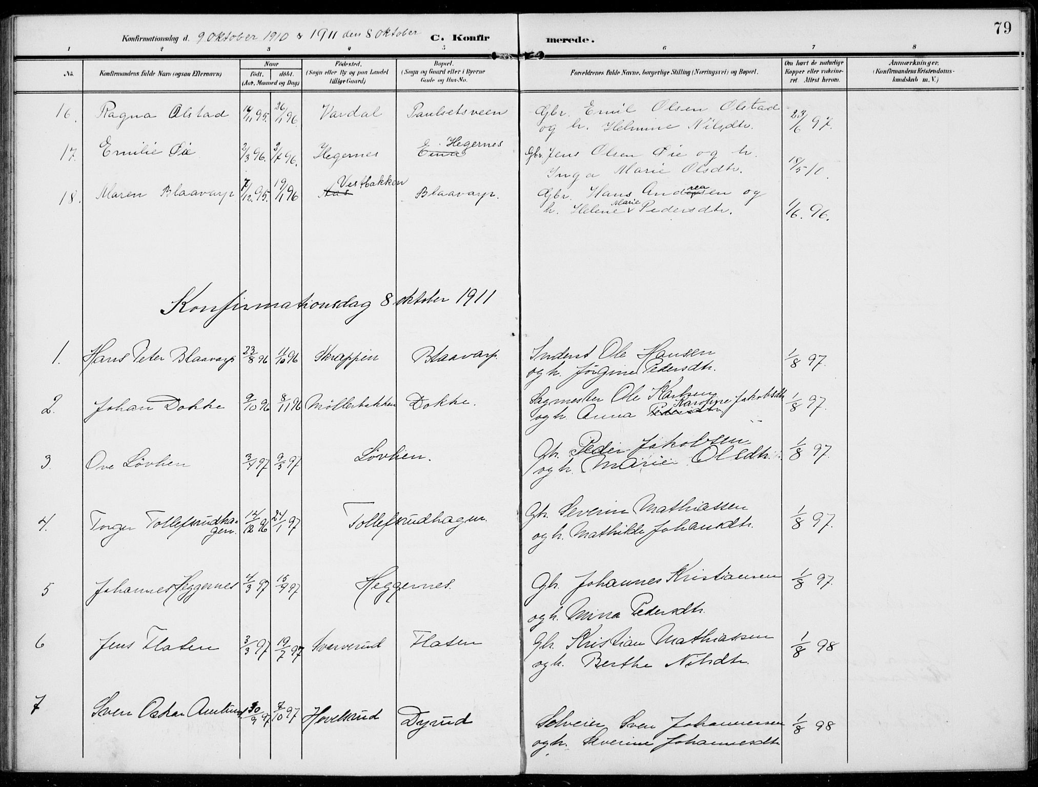 Kolbu prestekontor, SAH/PREST-110/H/Ha/Haa/L0001: Parish register (official) no. 1, 1907-1923, p. 79
