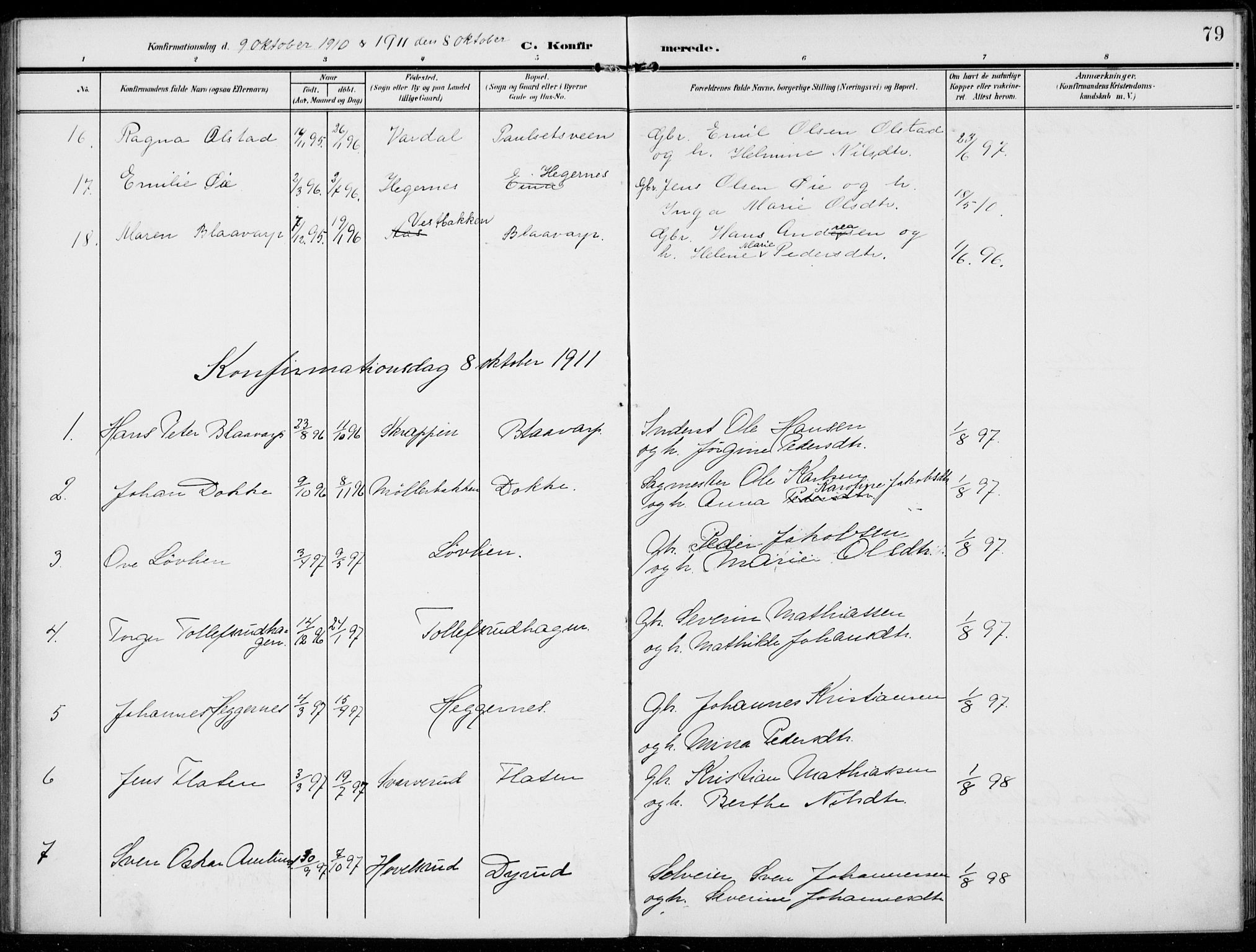 Kolbu prestekontor, AV/SAH-PREST-110/H/Ha/Haa/L0001: Parish register (official) no. 1, 1907-1923, p. 79