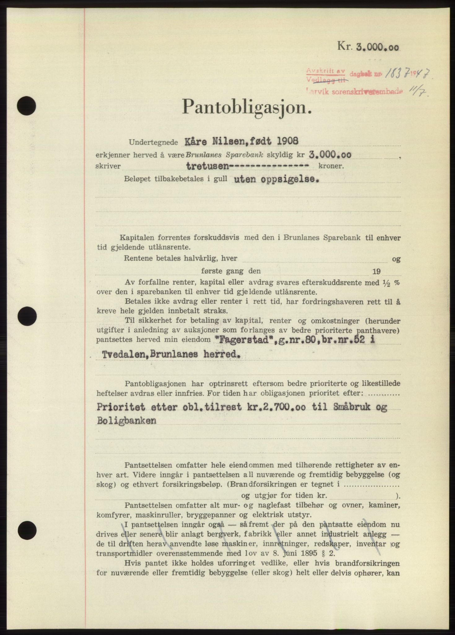 Larvik sorenskriveri, AV/SAKO-A-83/G/Ga/Gac/L0012: Mortgage book no. B-12, 1947-1947, Diary no: : 1837/1947