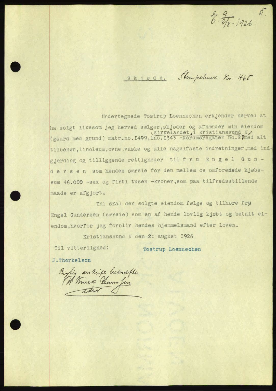 Kristiansund byfogd, AV/SAT-A-4587/A/27: Mortgage book no. 21, 1926-1928, Deed date: 02.08.1926