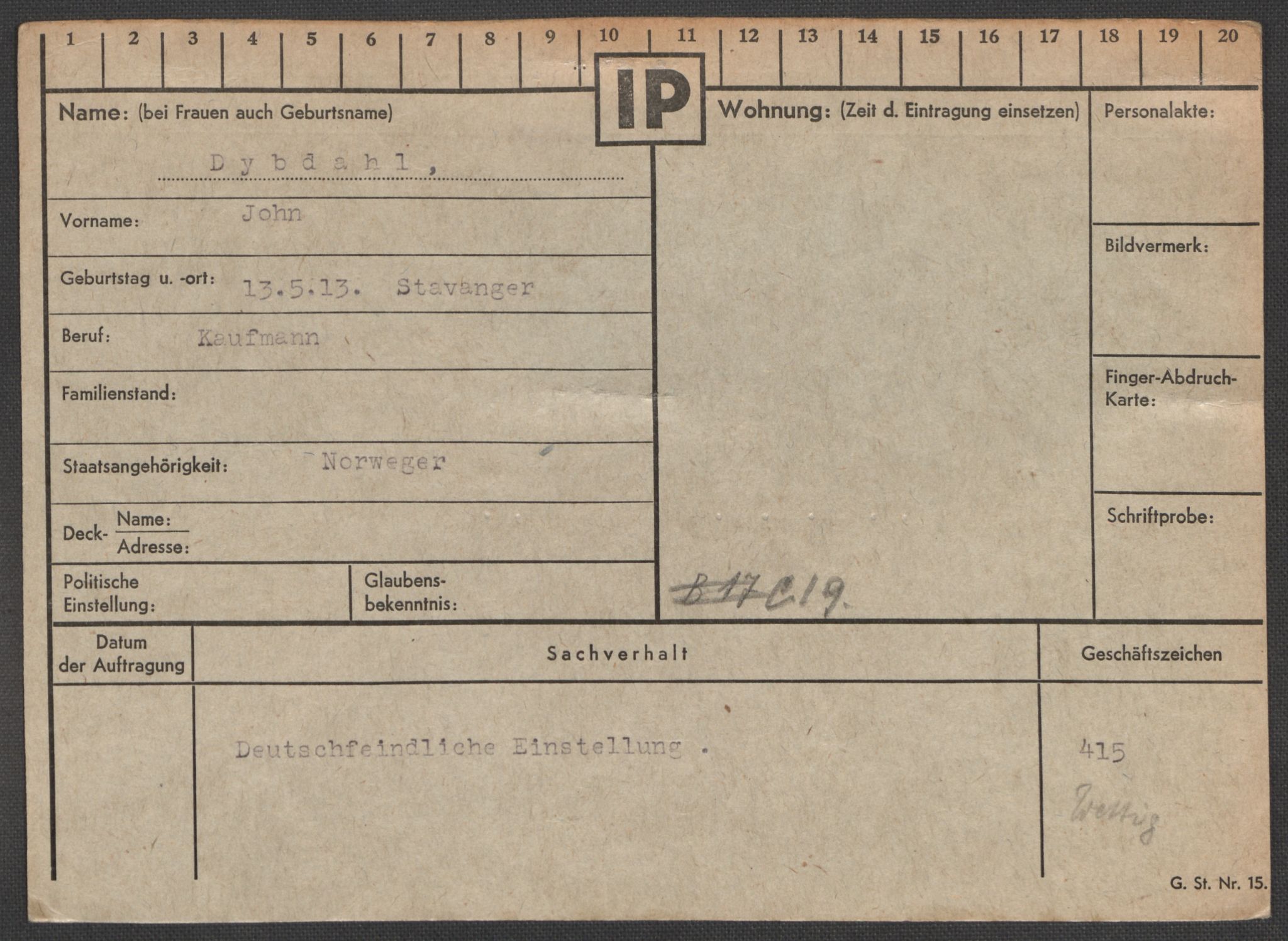 Befehlshaber der Sicherheitspolizei und des SD, AV/RA-RAFA-5969/E/Ea/Eaa/L0002: Register over norske fanger i Møllergata 19: Bj-Eng, 1940-1945, p. 1107