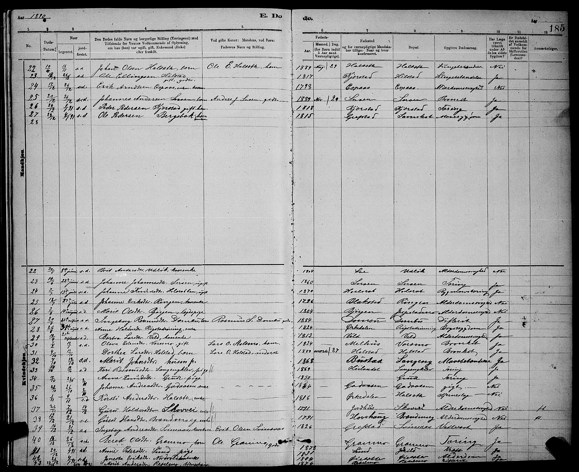 Ministerialprotokoller, klokkerbøker og fødselsregistre - Sør-Trøndelag, AV/SAT-A-1456/672/L0863: Parish register (copy) no. 672C02, 1888-1901, p. 185