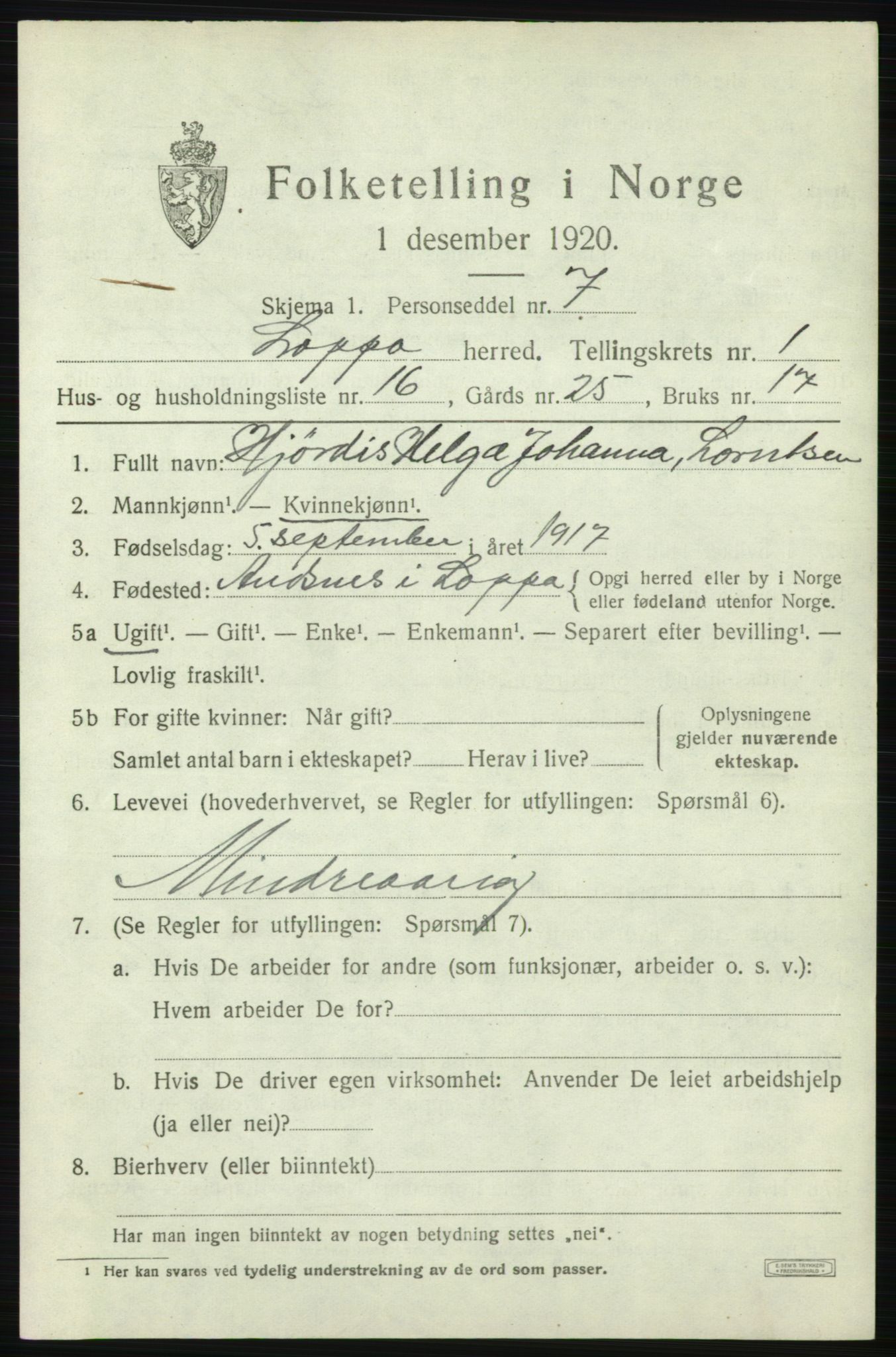 SATØ, 1920 census for Loppa, 1920, p. 812