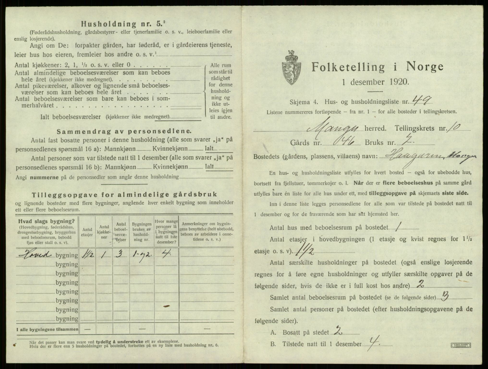 SAB, 1920 census for Manger, 1920, p. 855