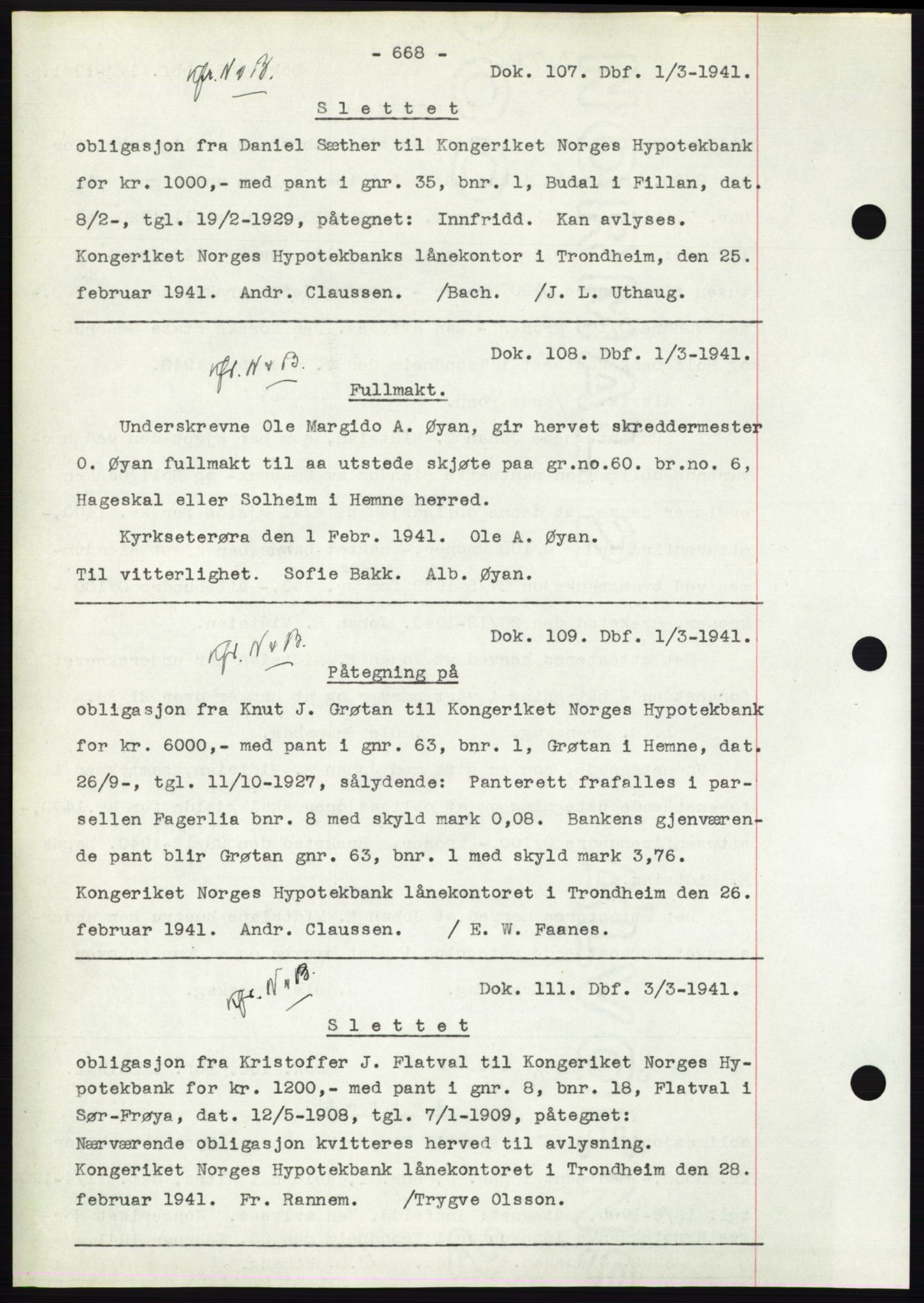 Hitra sorenskriveri, AV/SAT-A-0018/2/2C/2Ca: Mortgage book no. C1, 1936-1945, Diary no: : 107/1941