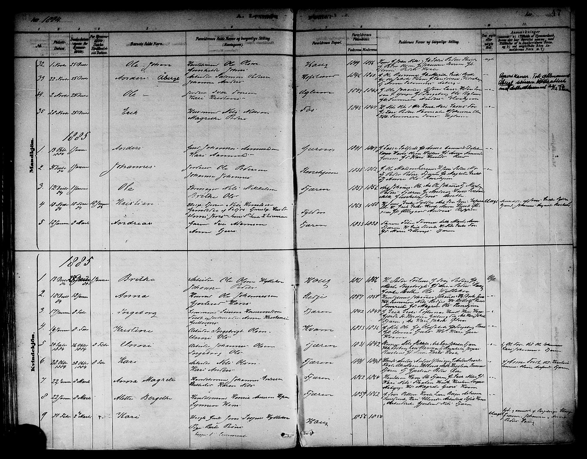 Sogndal sokneprestembete, AV/SAB-A-81301/H/Haa/Haab/L0001: Parish register (official) no. B 1, 1878-1899, p. 47