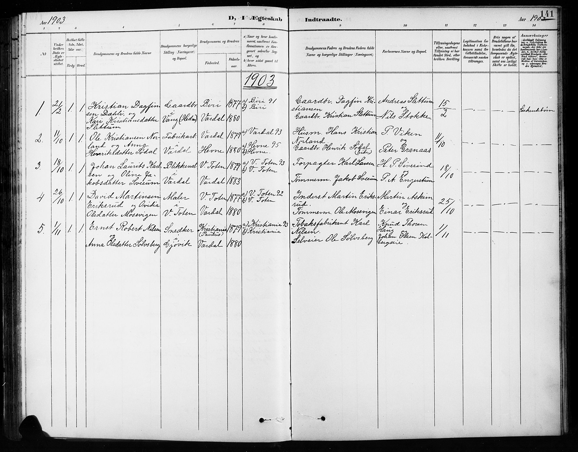 Vardal prestekontor, SAH/PREST-100/H/Ha/Hab/L0010: Parish register (copy) no. 10, 1895-1903, p. 141