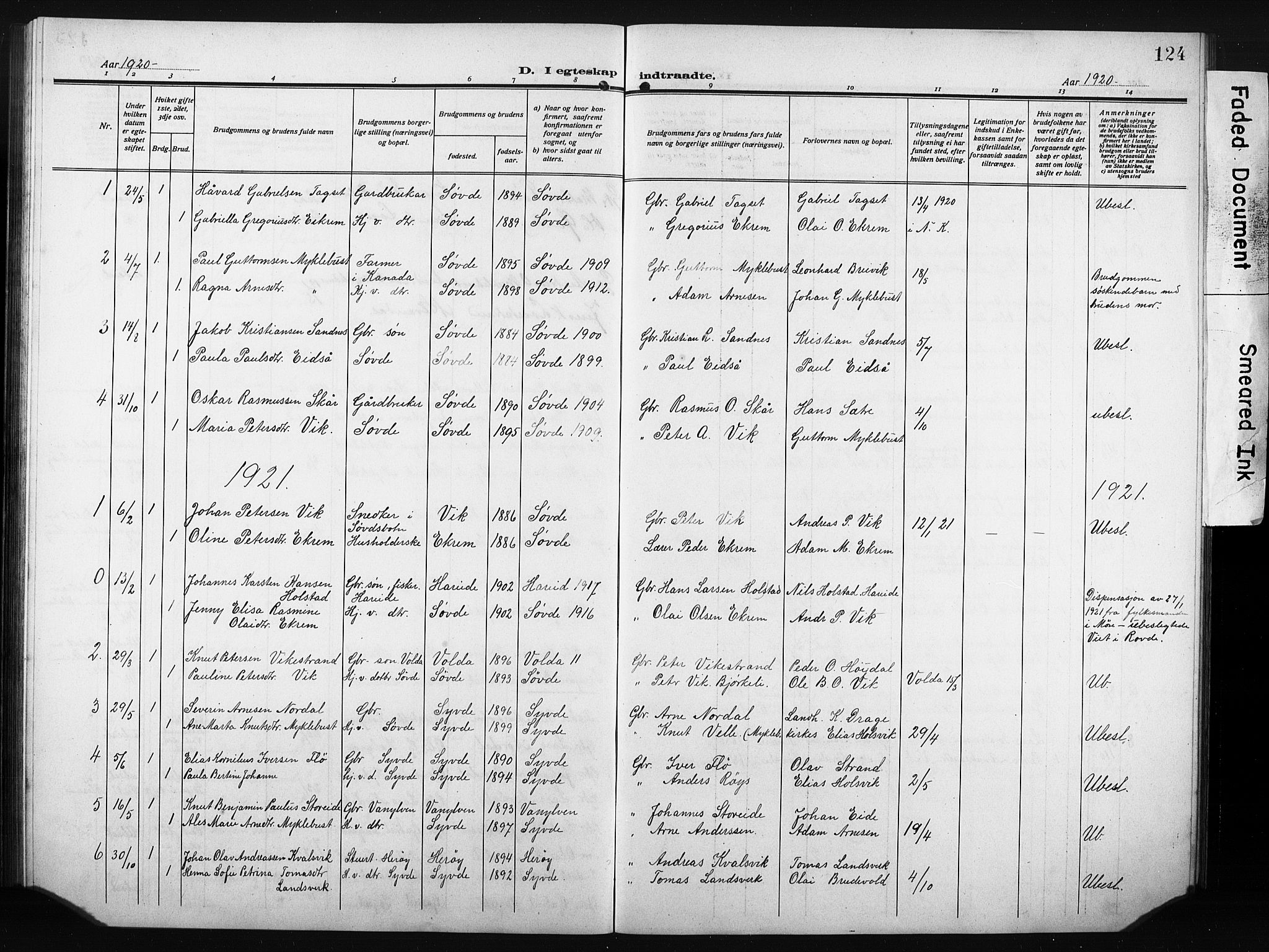 Ministerialprotokoller, klokkerbøker og fødselsregistre - Møre og Romsdal, AV/SAT-A-1454/502/L0028: Parish register (copy) no. 502C02, 1909-1932, p. 124