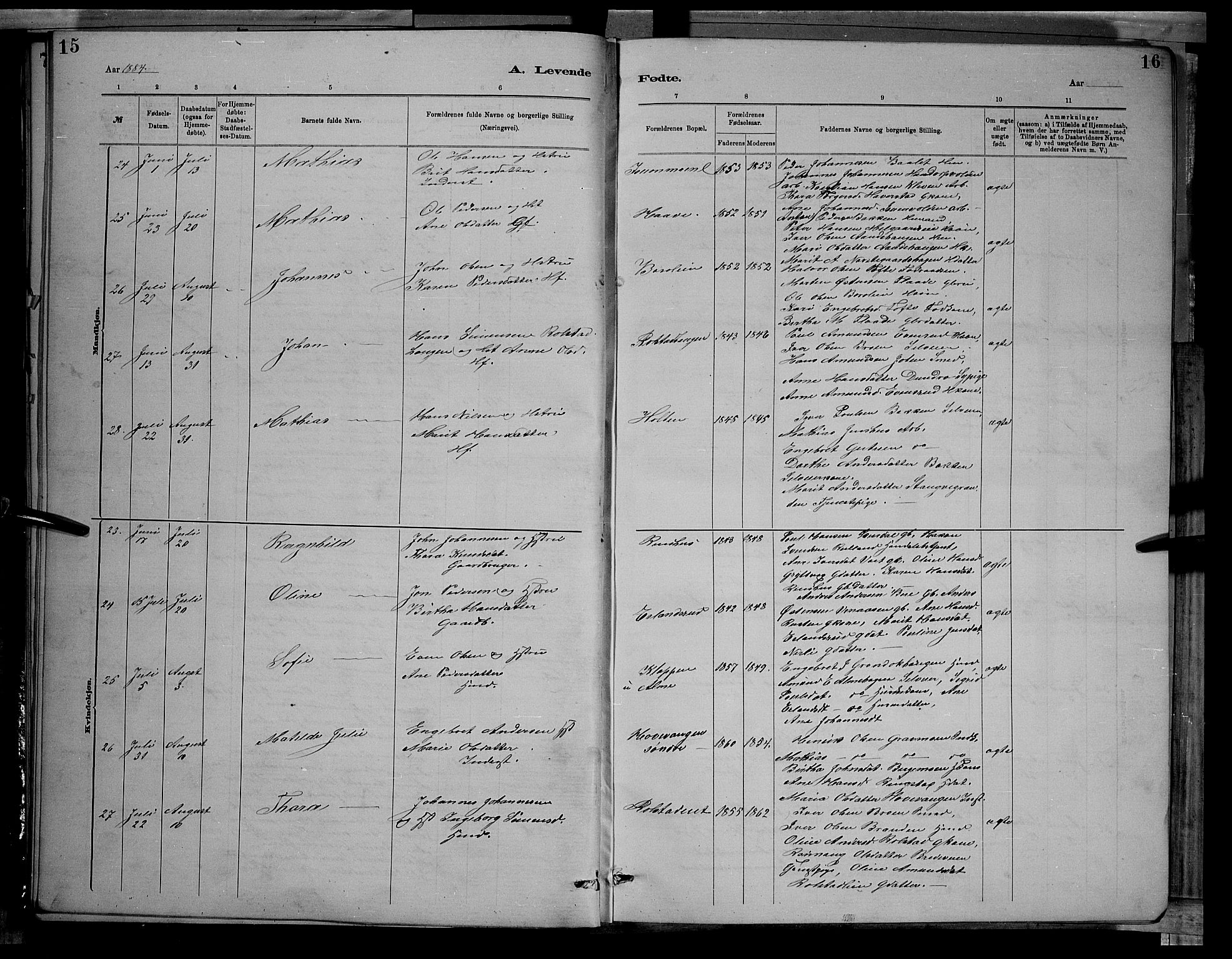 Sør-Fron prestekontor, AV/SAH-PREST-010/H/Ha/Hab/L0003: Parish register (copy) no. 3, 1884-1896, p. 15-16