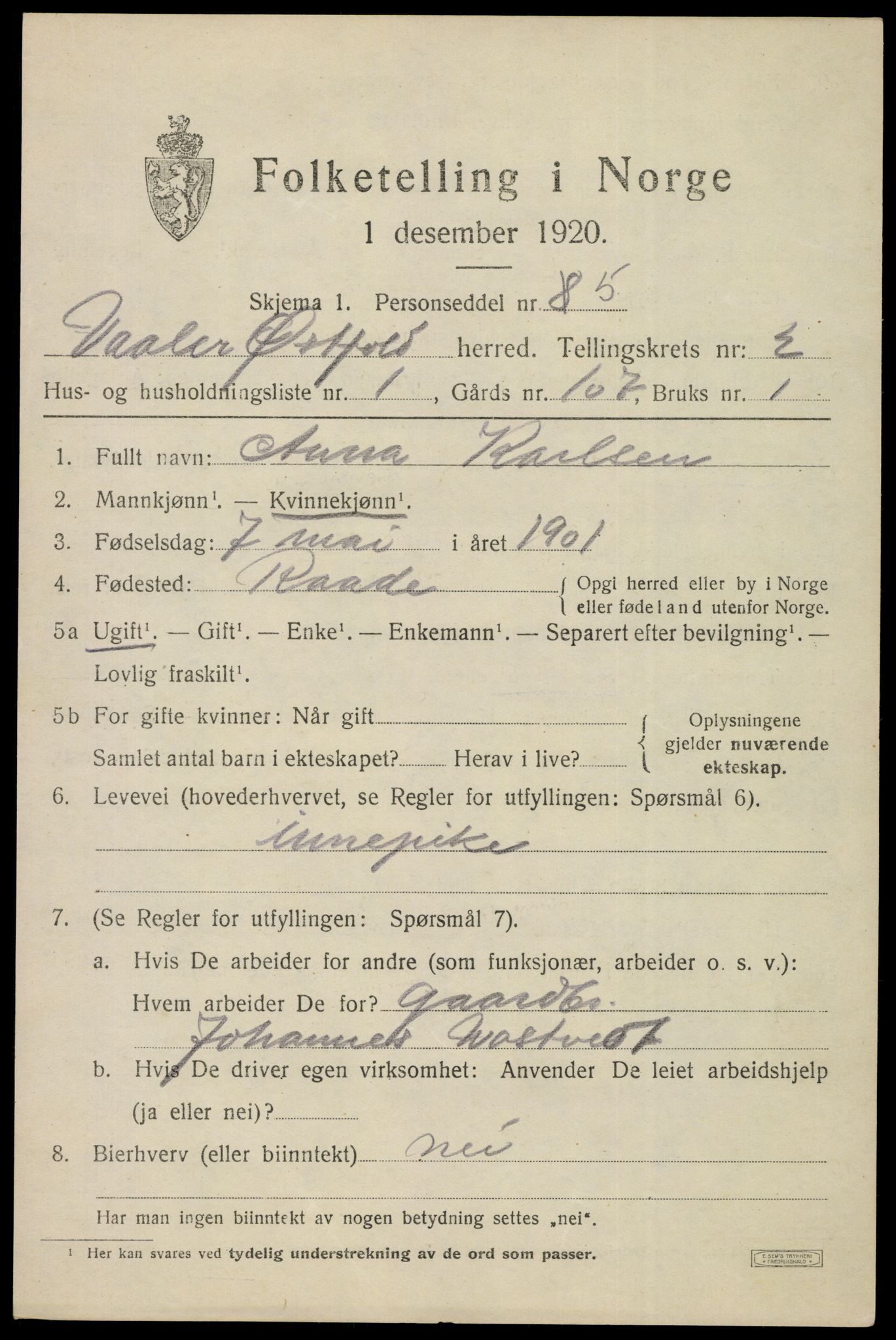 SAO, 1920 census for Våler, 1920, p. 1390