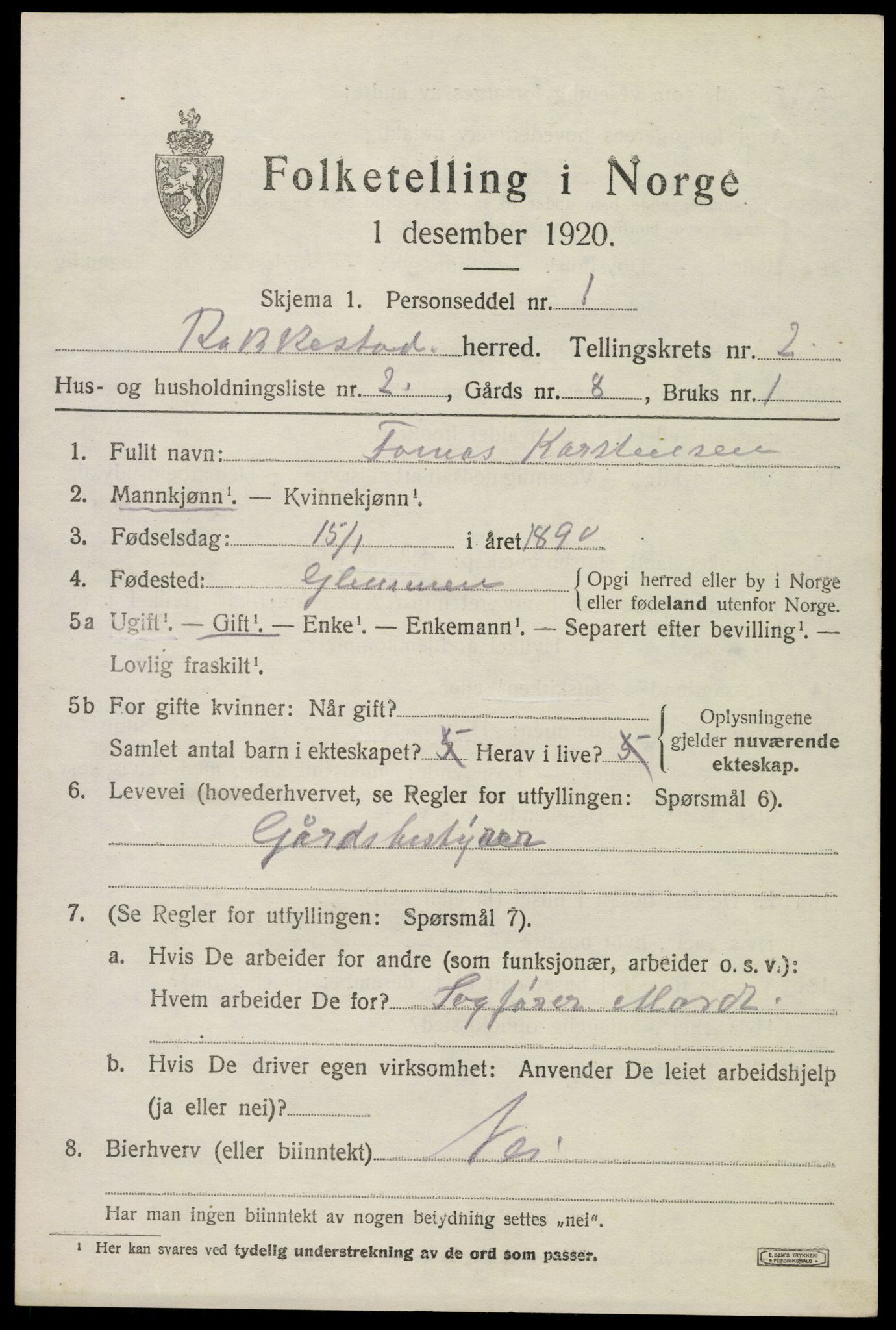 SAO, 1920 census for Rakkestad, 1920, p. 3393