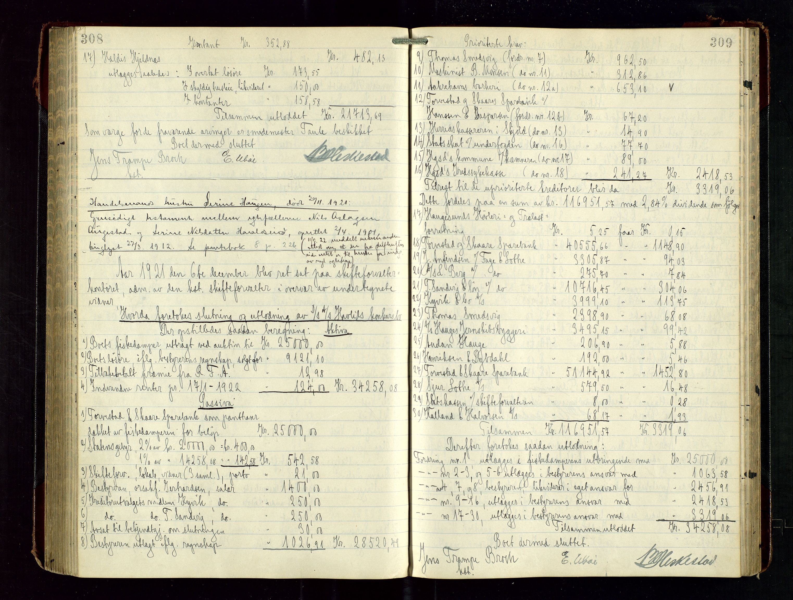 Haugesund tingrett, AV/SAST-A-101415/01/IV/IVD/L0003: Skifteutlodningsprotokoll, med register, 1915-1924, p. 308-309