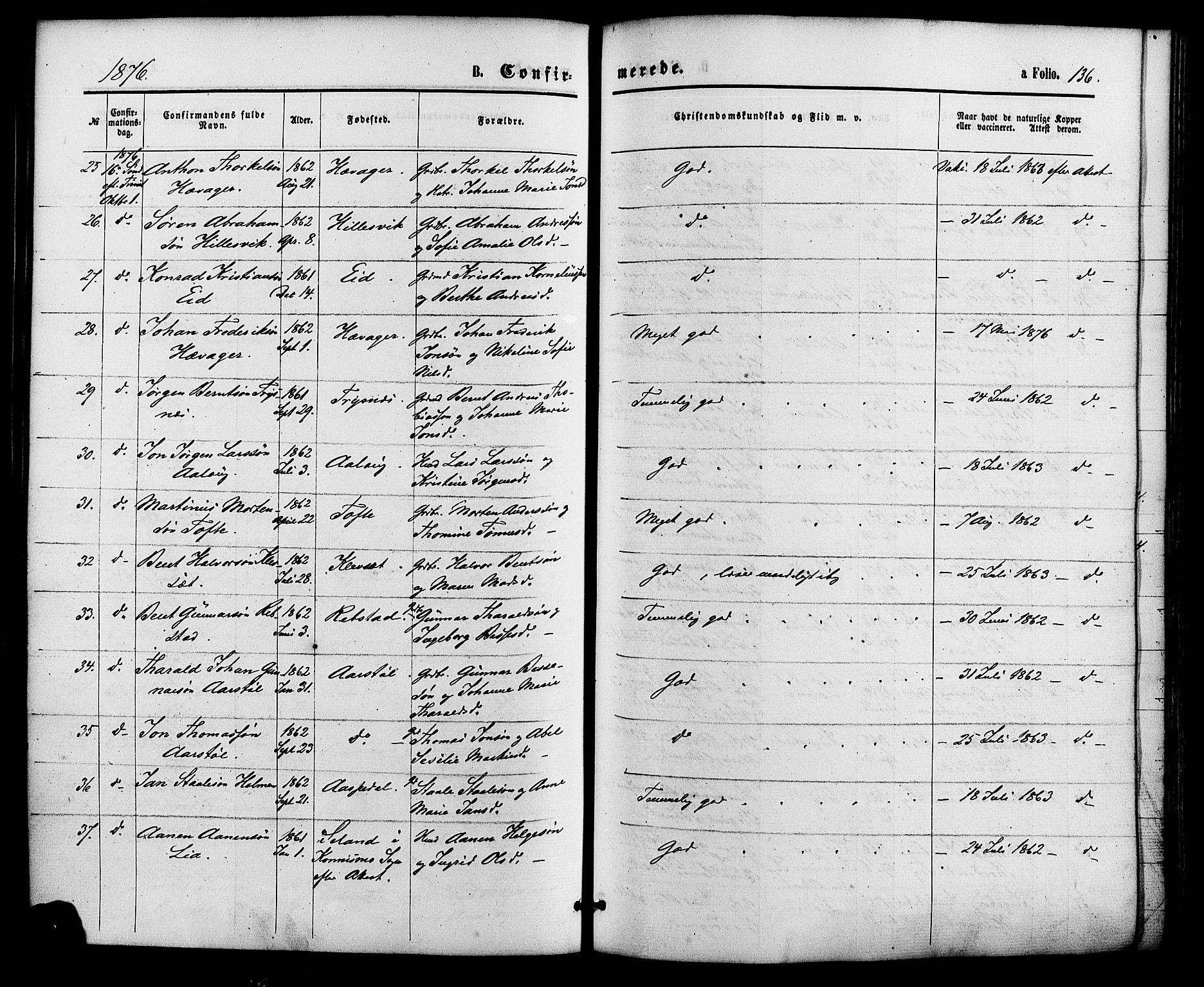 Søgne sokneprestkontor, SAK/1111-0037/F/Fa/Fab/L0011: Parish register (official) no. A 11, 1869-1879, p. 136