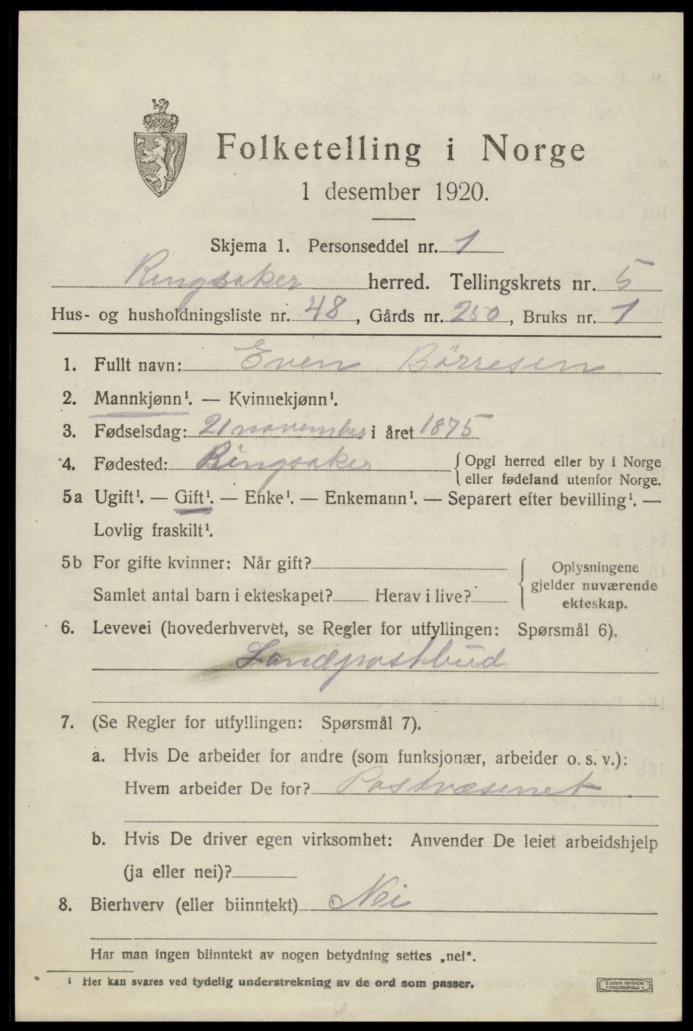 SAH, 1920 census for Ringsaker, 1920, p. 10330