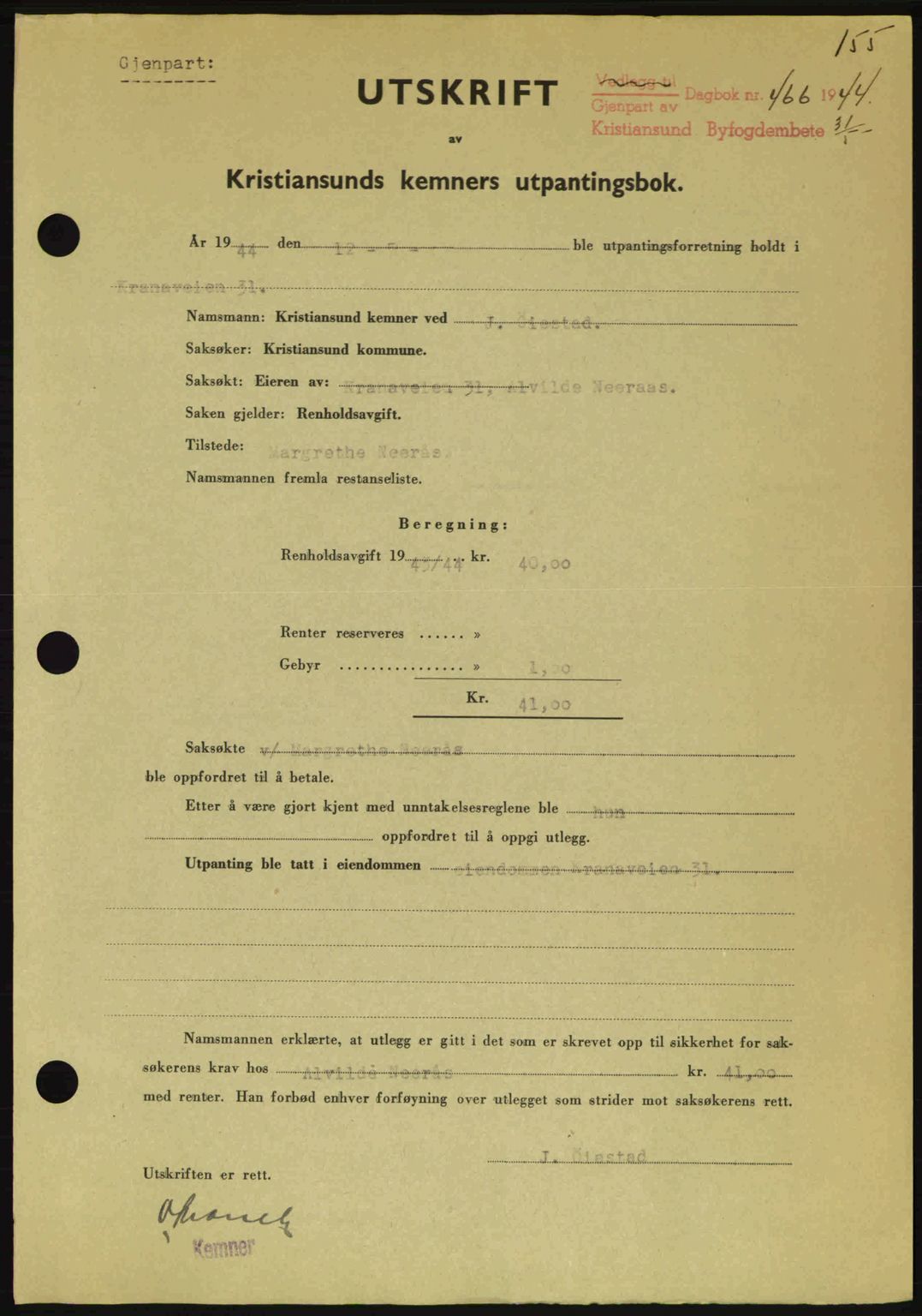 Kristiansund byfogd, SAT/A-4587/A/27: Mortgage book no. 37-38, 1943-1945, Diary no: : 466/1944