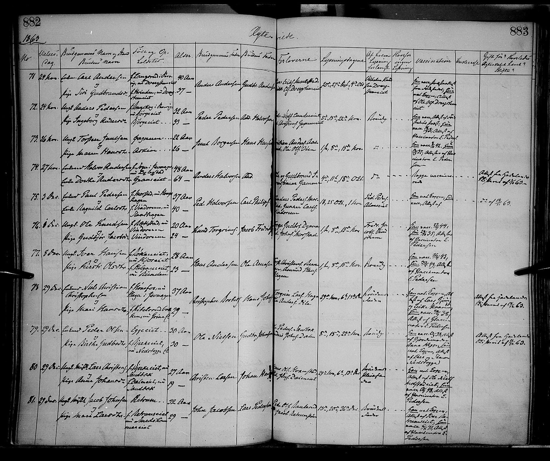 Gran prestekontor, AV/SAH-PREST-112/H/Ha/Haa/L0012: Parish register (official) no. 12, 1856-1874, p. 882-883