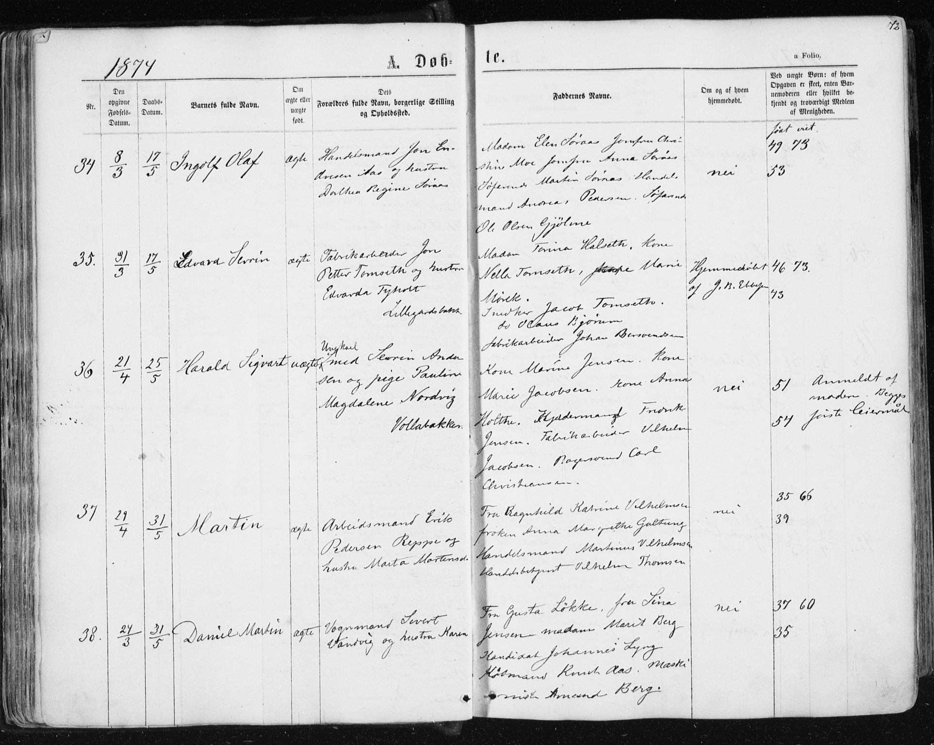 Ministerialprotokoller, klokkerbøker og fødselsregistre - Sør-Trøndelag, SAT/A-1456/604/L0186: Parish register (official) no. 604A07, 1866-1877, p. 72