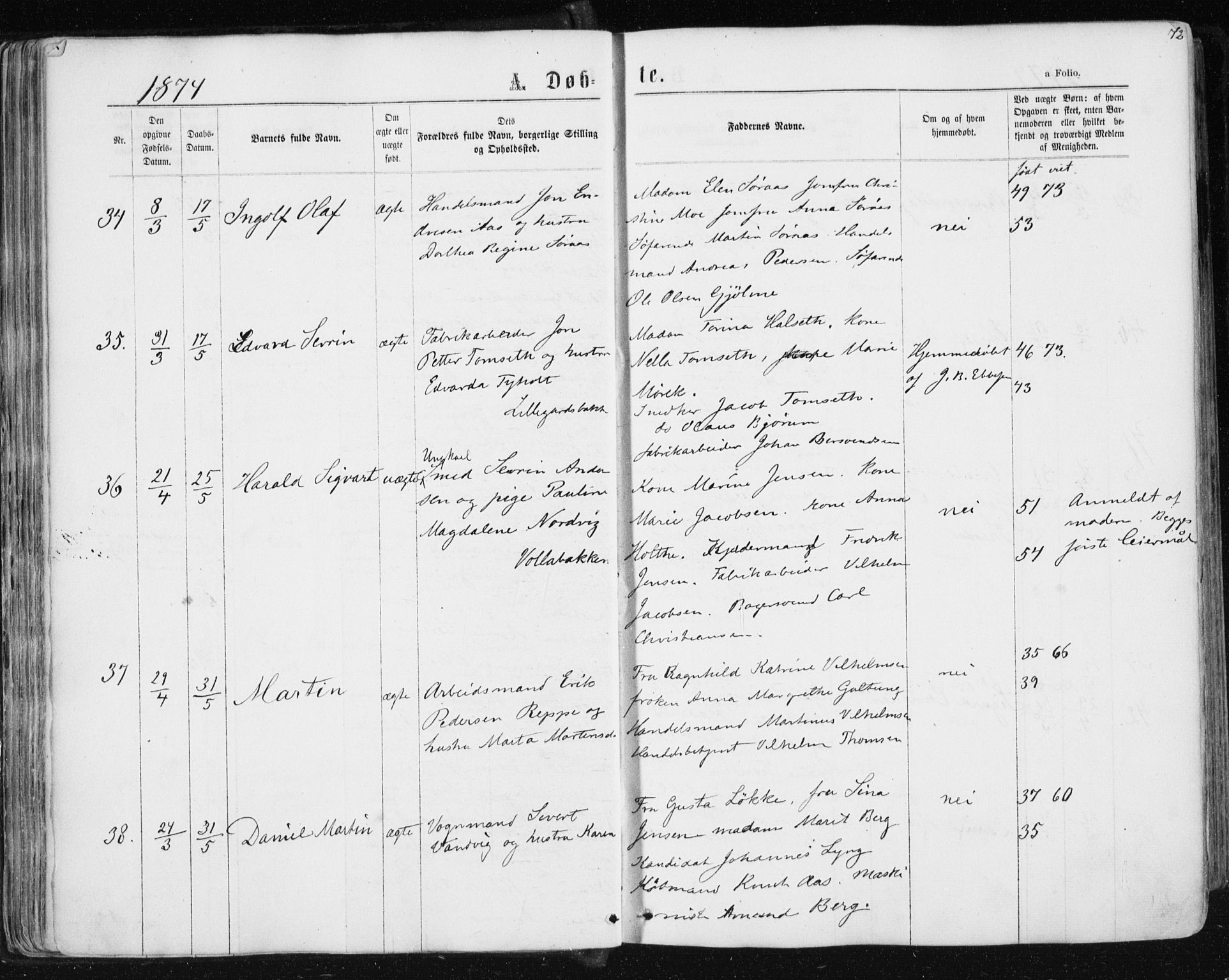 Ministerialprotokoller, klokkerbøker og fødselsregistre - Sør-Trøndelag, AV/SAT-A-1456/604/L0186: Parish register (official) no. 604A07, 1866-1877, p. 72