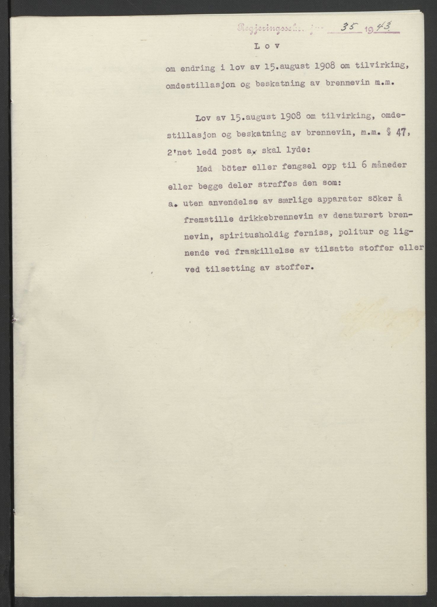 NS-administrasjonen 1940-1945 (Statsrådsekretariatet, de kommisariske statsråder mm), AV/RA-S-4279/D/Db/L0099: Lover, 1943, p. 74