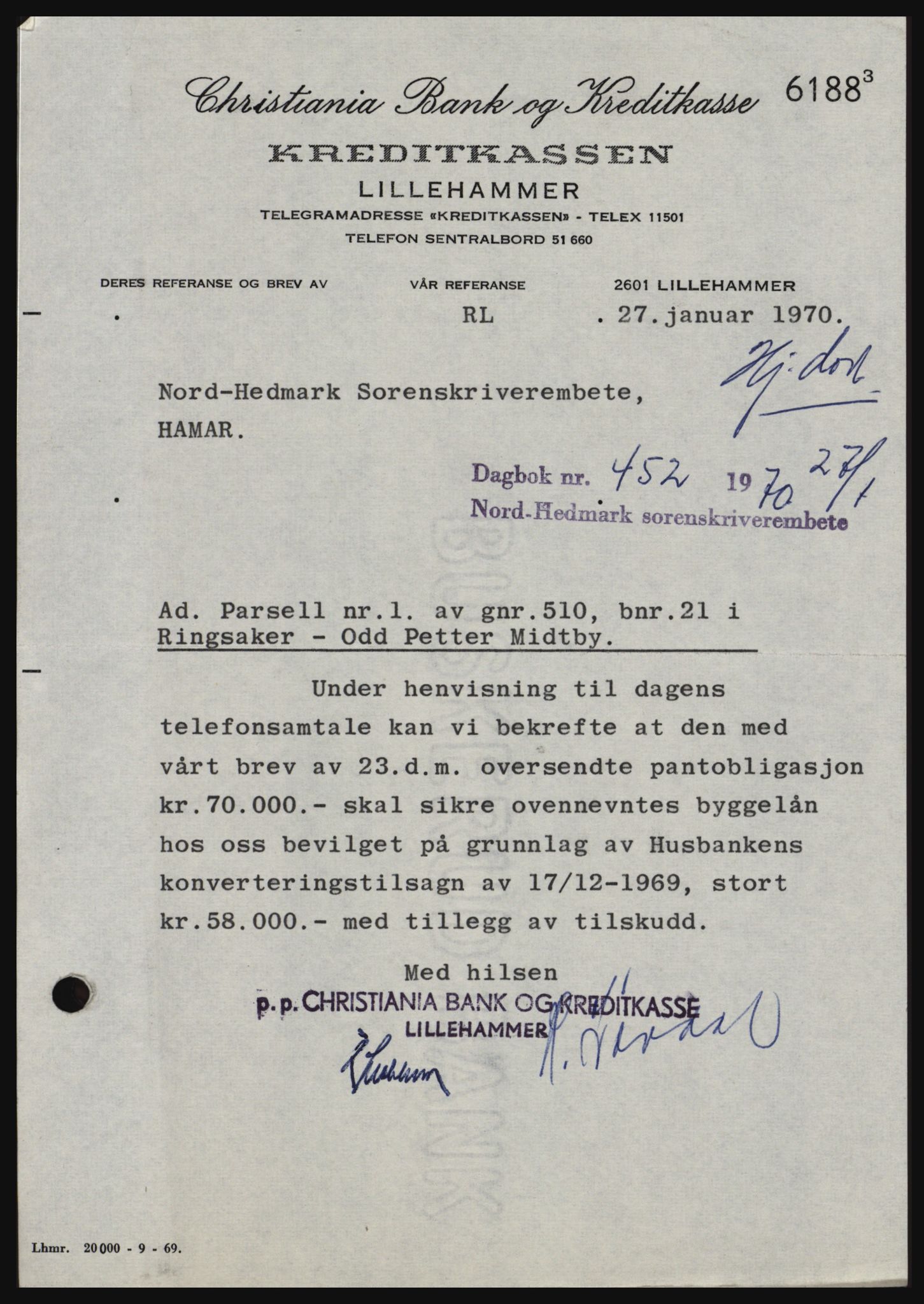 Nord-Hedmark sorenskriveri, SAH/TING-012/H/Hc/L0033: Mortgage book no. 33, 1970-1970, Diary no: : 452/1970