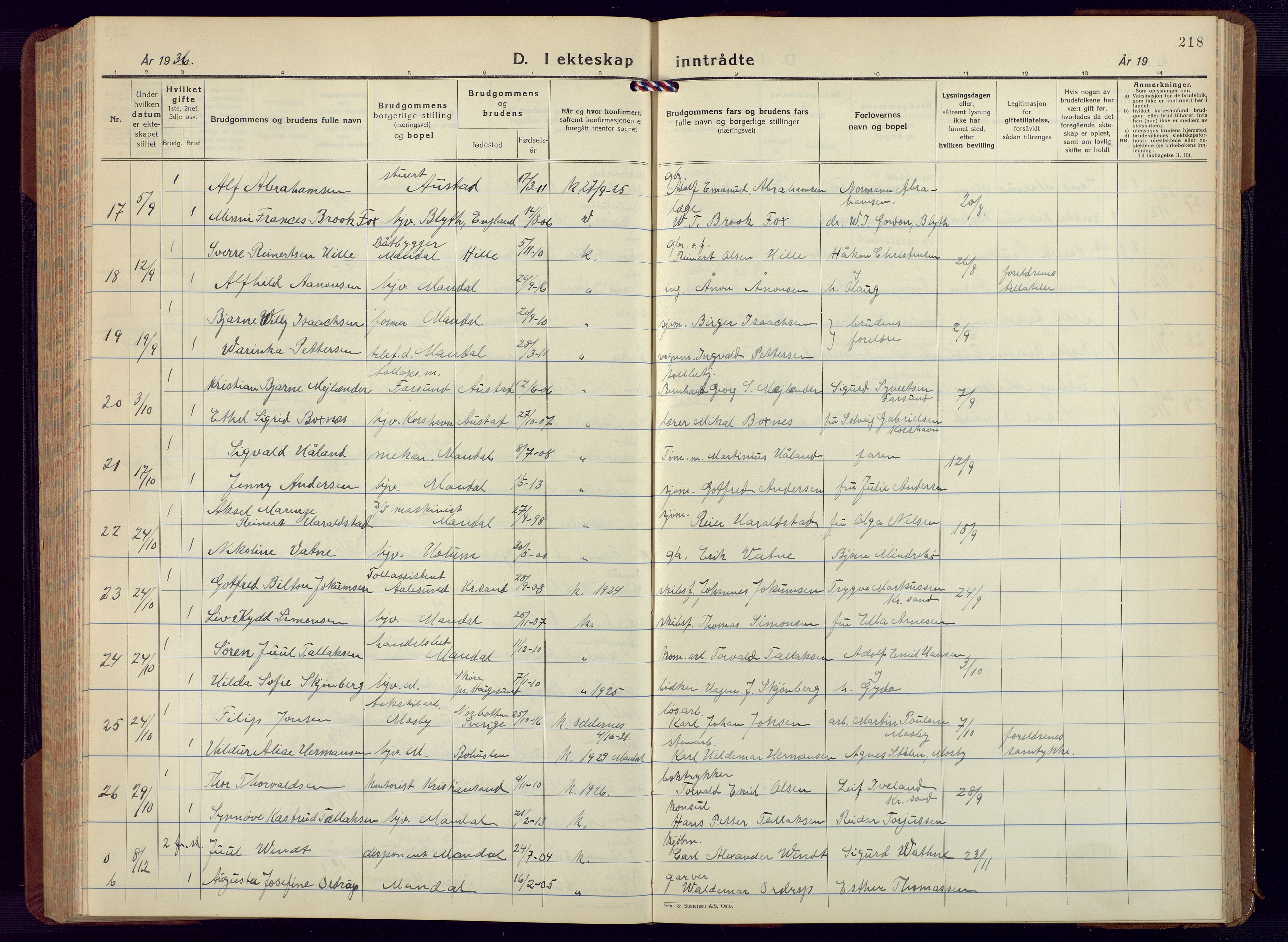 Mandal sokneprestkontor, AV/SAK-1111-0030/F/Fb/Fbc/L0002: Parish register (copy) no. B 2, 1931-1949, p. 218