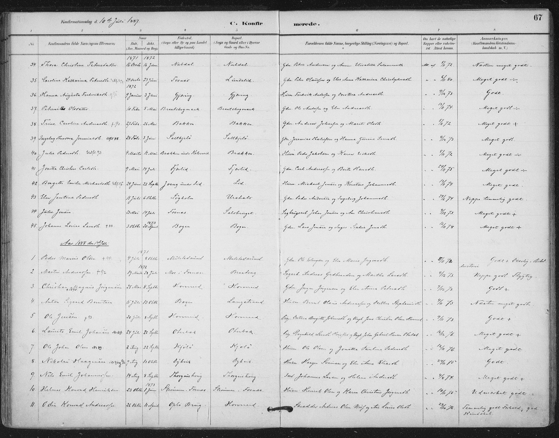Ministerialprotokoller, klokkerbøker og fødselsregistre - Nord-Trøndelag, SAT/A-1458/780/L0644: Parish register (official) no. 780A08, 1886-1903, p. 67