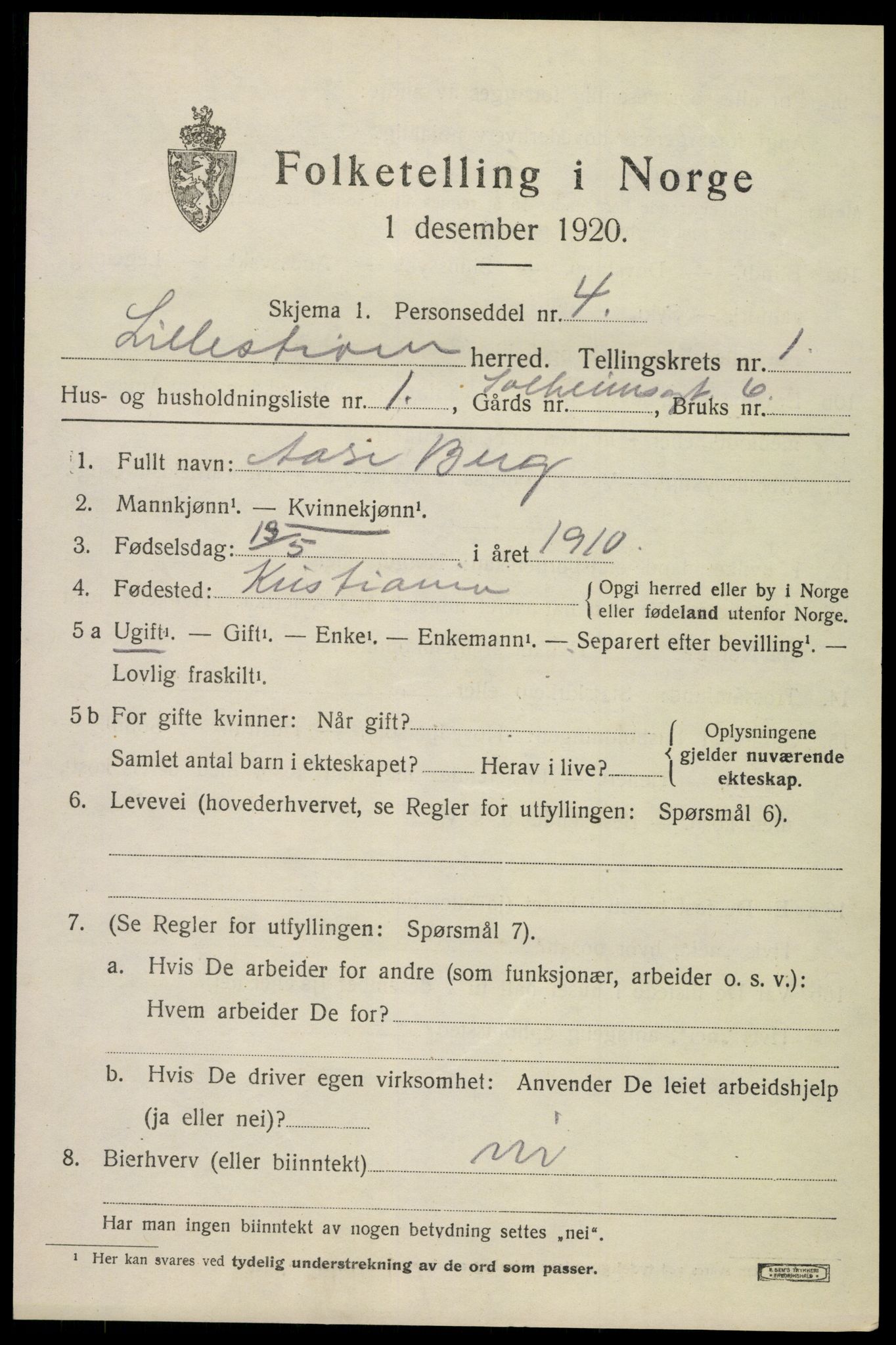 SAO, 1920 census for Lillestrøm, 1920, p. 1458