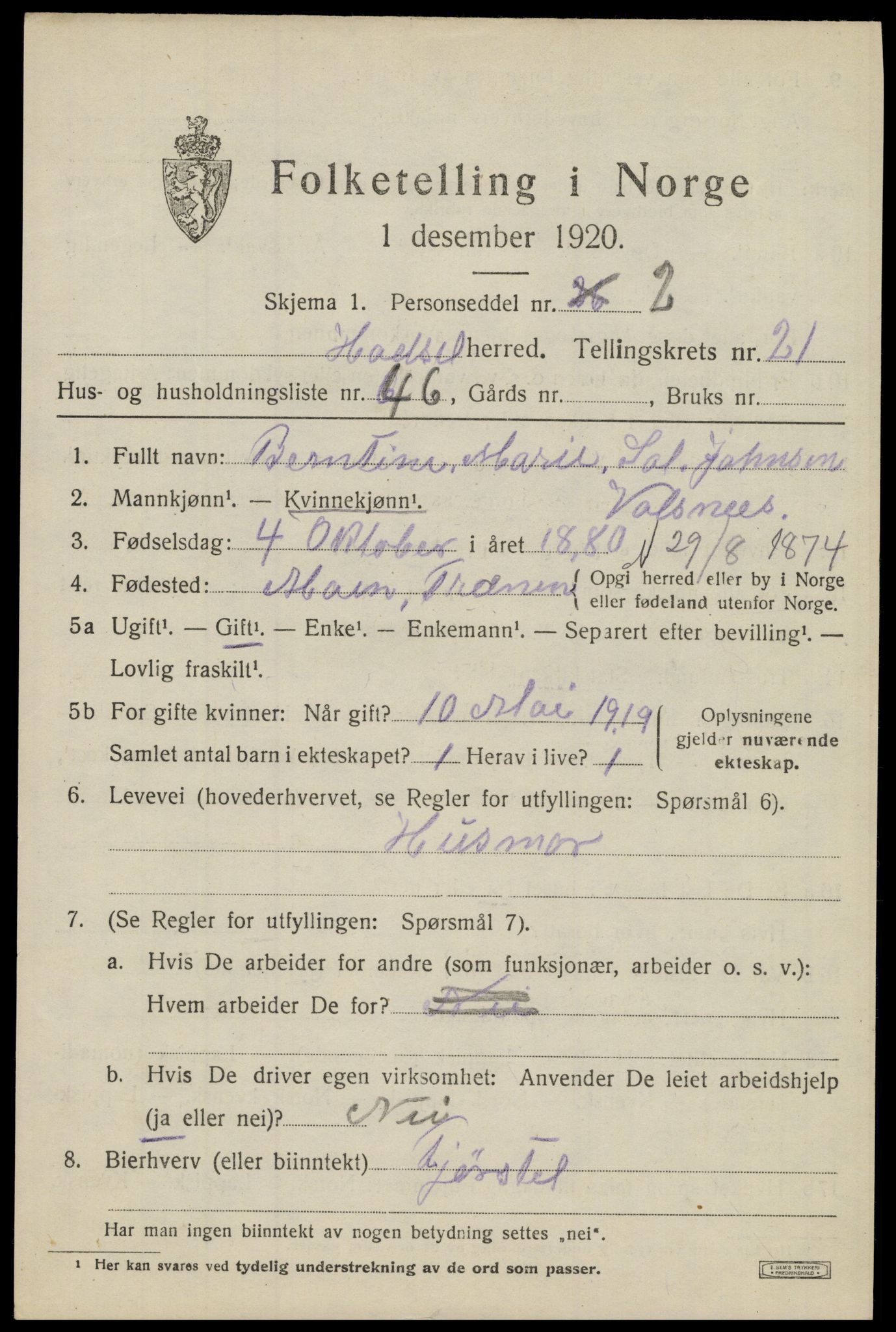 SAT, 1920 census for Hadsel, 1920, p. 19918