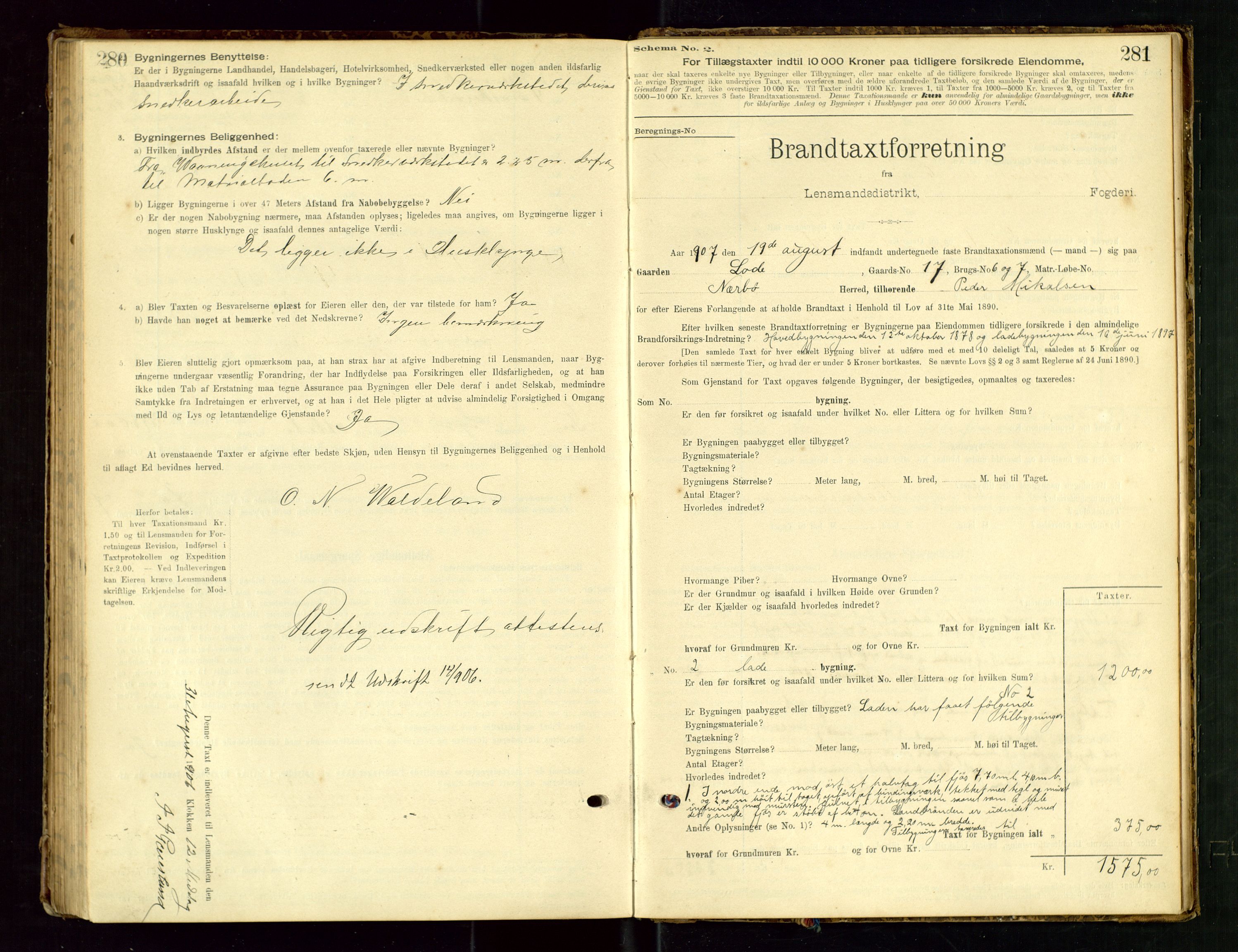 Hå lensmannskontor, SAST/A-100456/Goa/L0003: Takstprotokoll (skjema), 1895-1911, p. 280-281