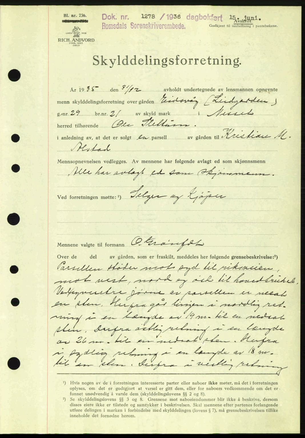 Romsdal sorenskriveri, AV/SAT-A-4149/1/2/2C: Mortgage book no. A1, 1936-1936, Diary no: : 1278/1936