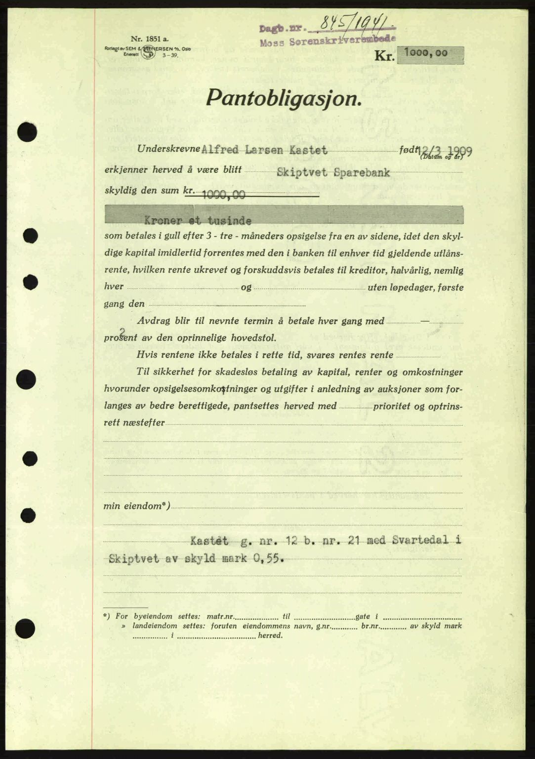 Moss sorenskriveri, SAO/A-10168: Mortgage book no. B10, 1940-1941, Diary no: : 845/1941