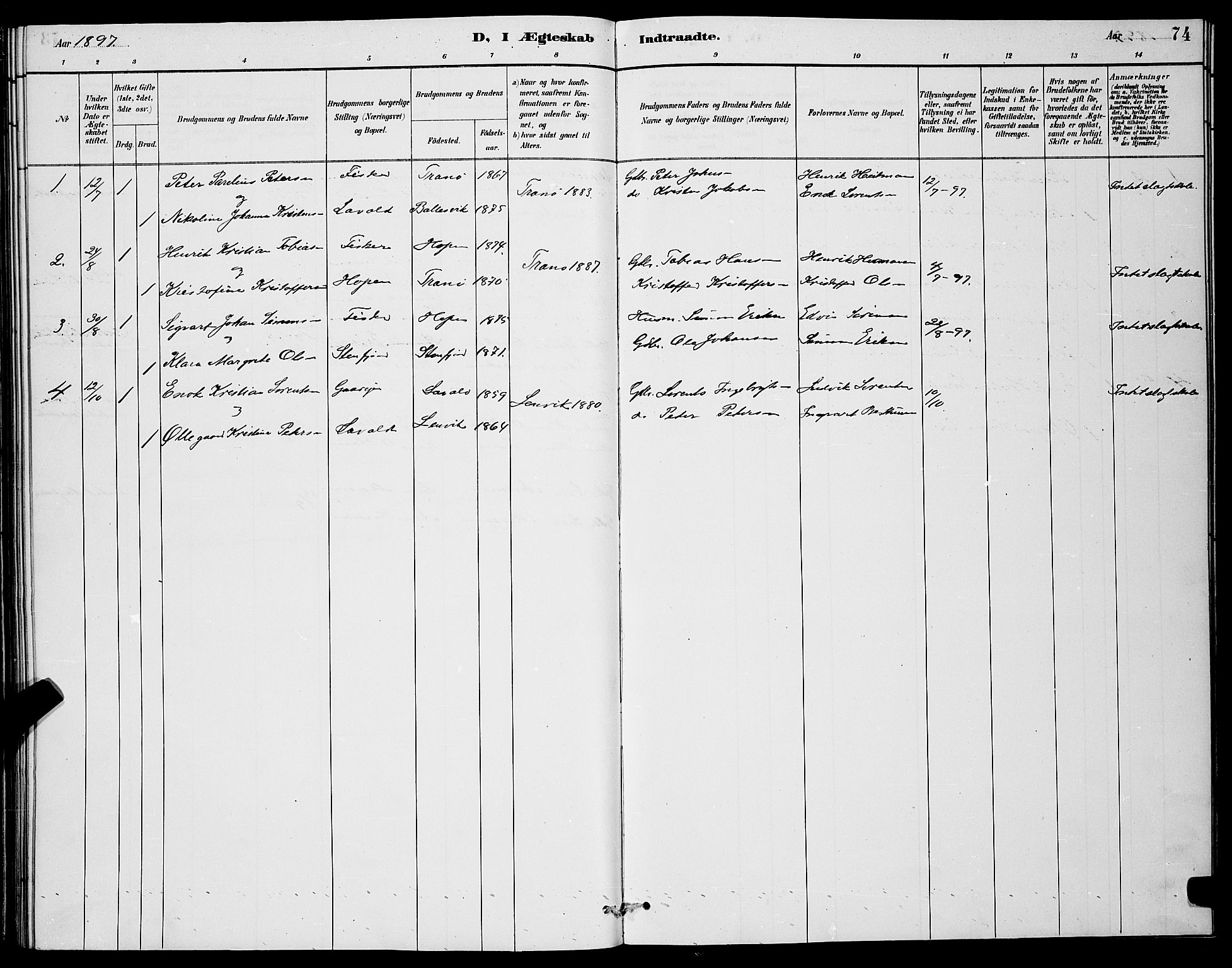 Berg sokneprestkontor, AV/SATØ-S-1318/G/Ga/Gab/L0004klokker: Parish register (copy) no. 4, 1887-1897, p. 74