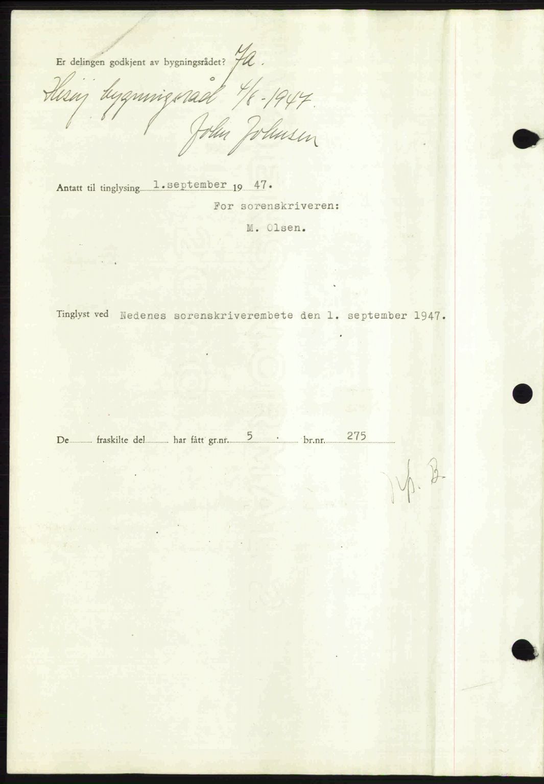 Nedenes sorenskriveri, AV/SAK-1221-0006/G/Gb/Gba/L0058: Mortgage book no. A10, 1947-1948, Diary no: : 1251/1947