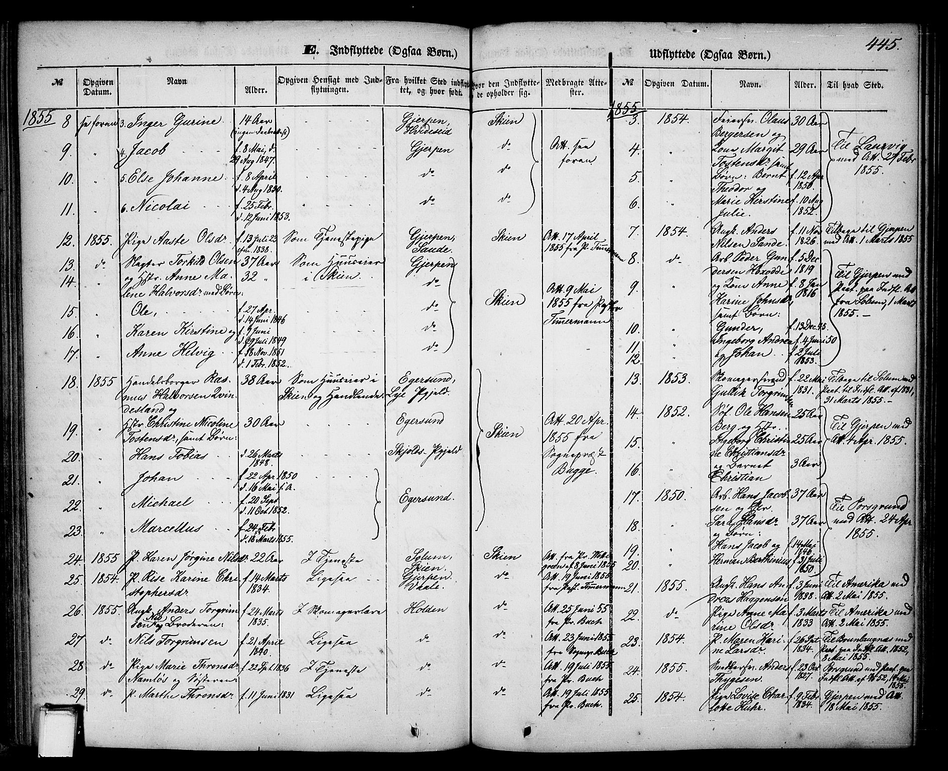 Skien kirkebøker, SAKO/A-302/G/Ga/L0004: Parish register (copy) no. 4, 1843-1867, p. 445