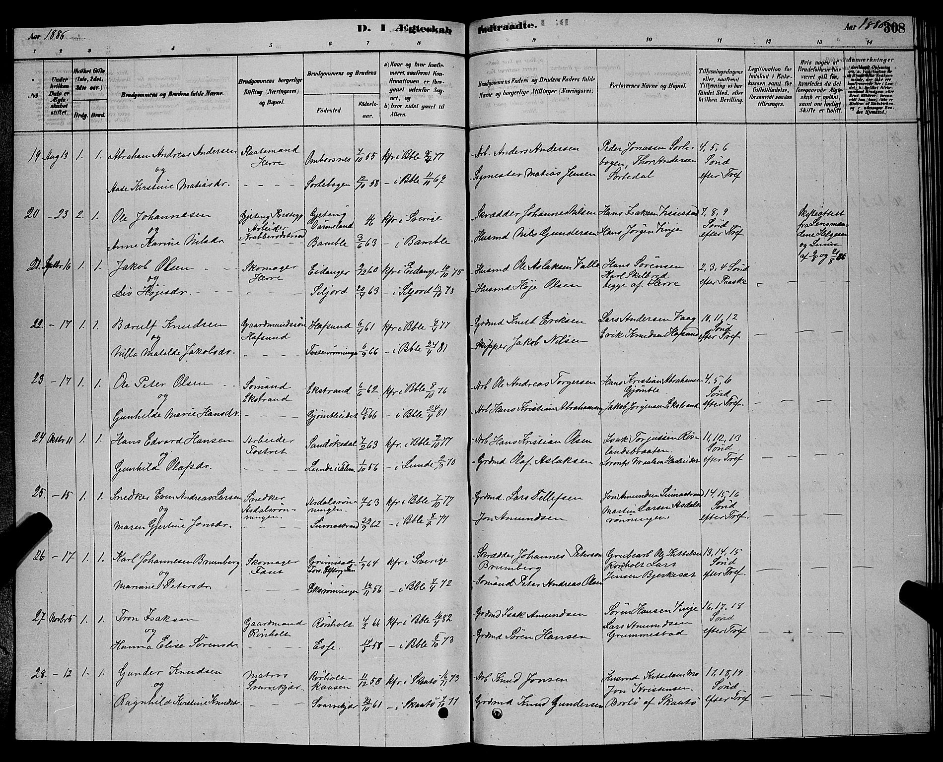 Bamble kirkebøker, AV/SAKO-A-253/G/Ga/L0008: Parish register (copy) no. I 8, 1878-1888, p. 308