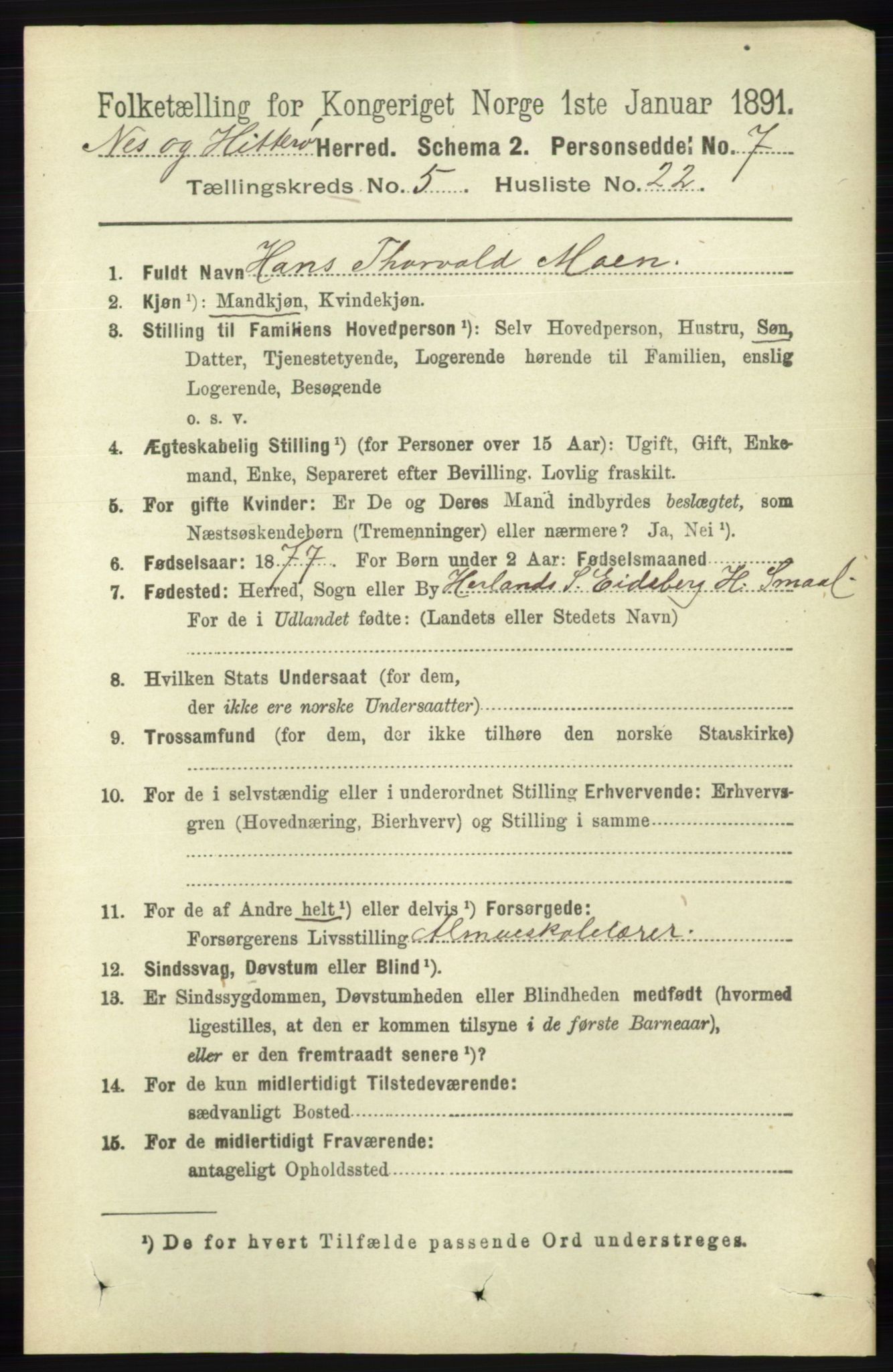 RA, 1891 census for 1043 Hidra og Nes, 1891, p. 1957