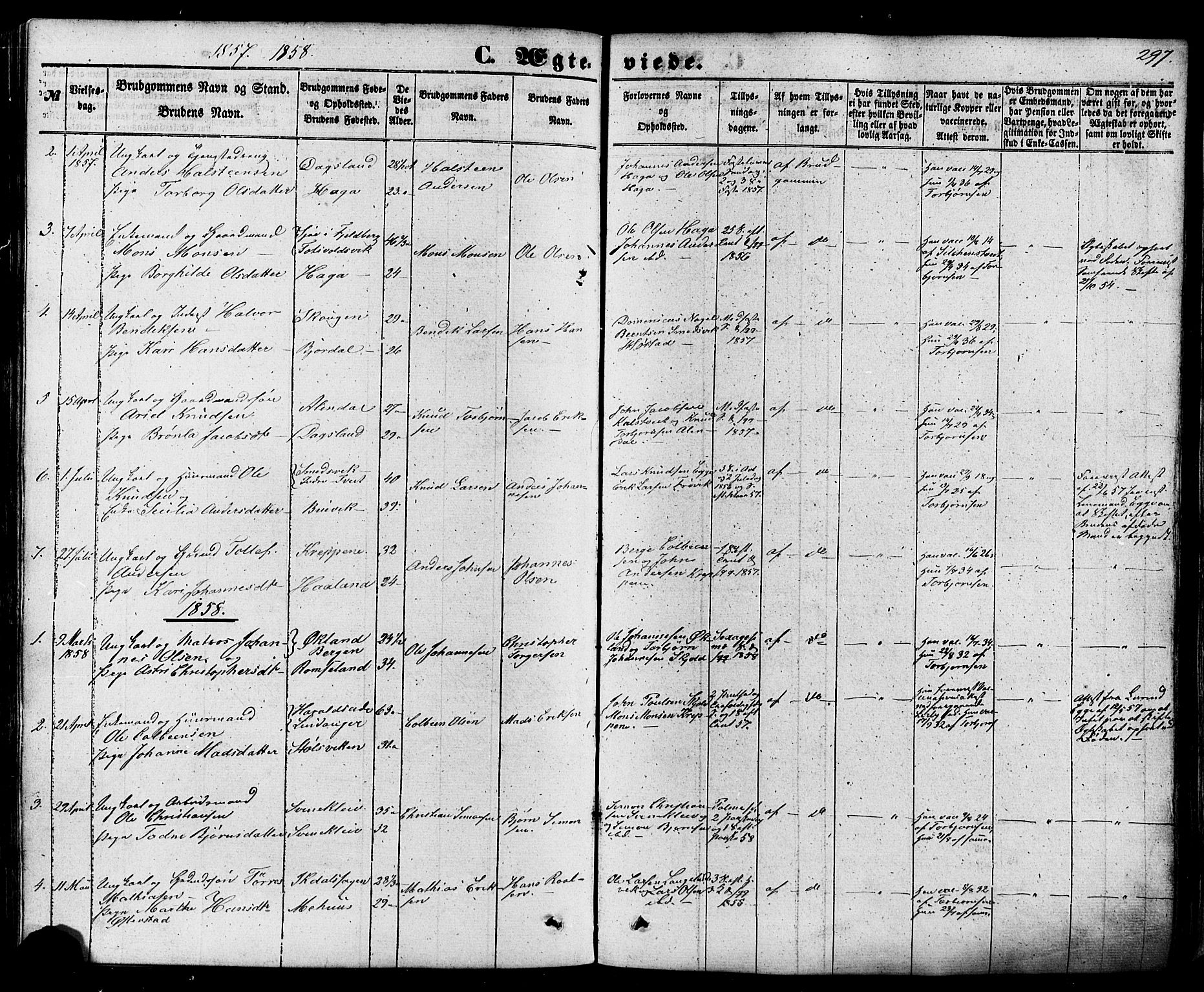 Skjold sokneprestkontor, AV/SAST-A-101847/H/Ha/Haa/L0008: Parish register (official) no. A 8, 1856-1882, p. 297