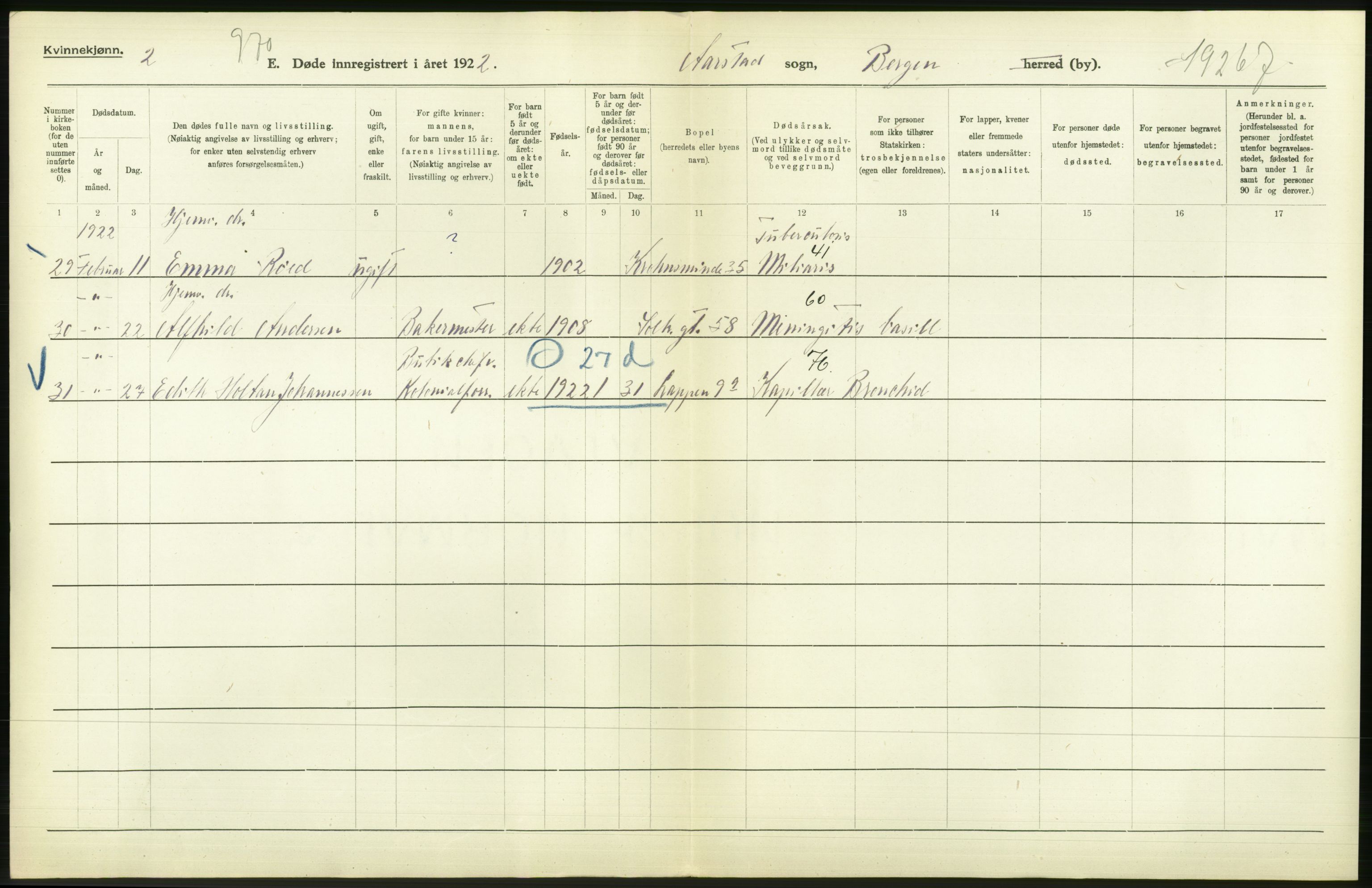 Statistisk sentralbyrå, Sosiodemografiske emner, Befolkning, AV/RA-S-2228/D/Df/Dfc/Dfcb/L0030: Bergen: Gifte, døde, dødfødte., 1922, p. 496