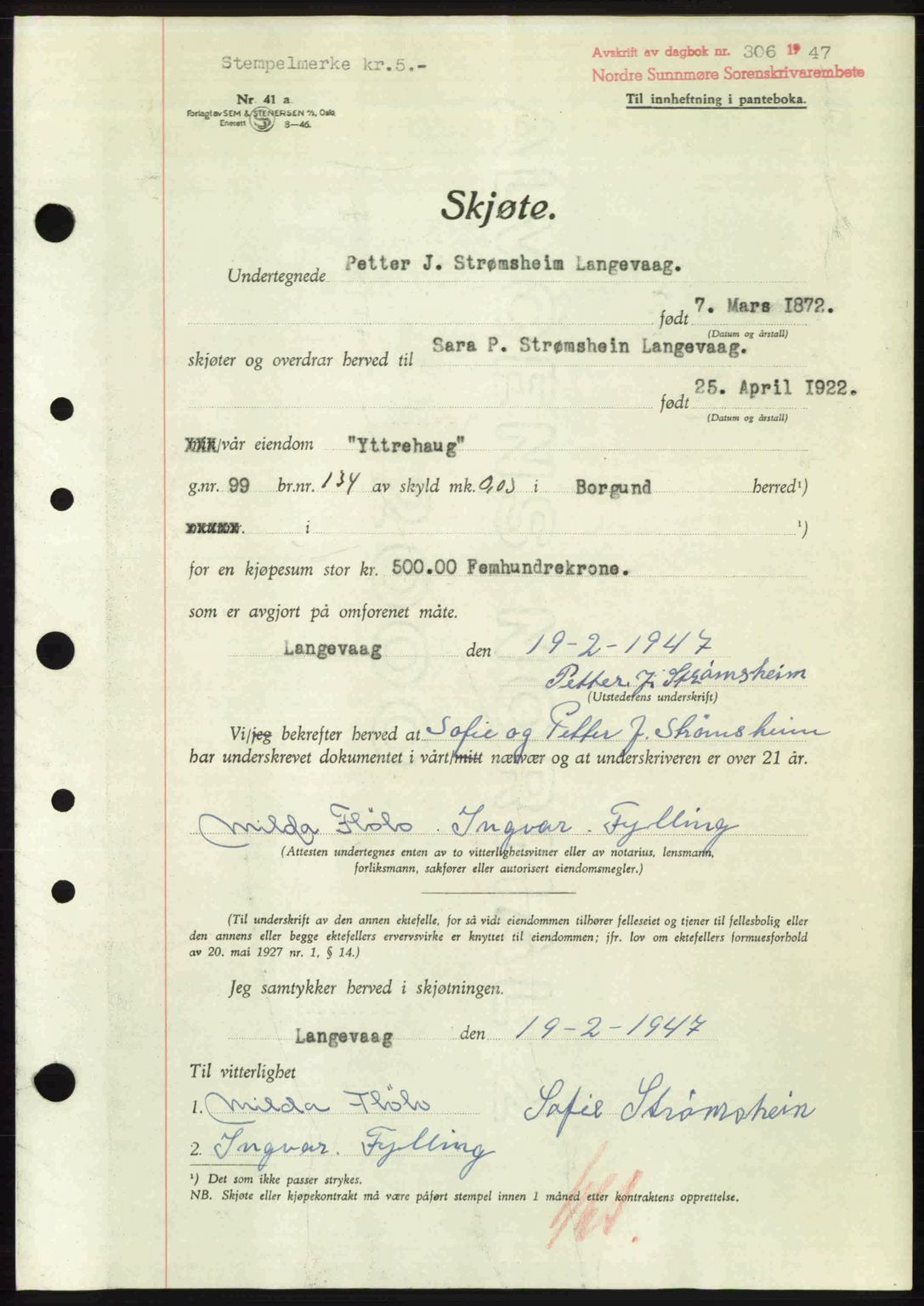 Nordre Sunnmøre sorenskriveri, AV/SAT-A-0006/1/2/2C/2Ca: Mortgage book no. A24, 1947-1947, Diary no: : 306/1947