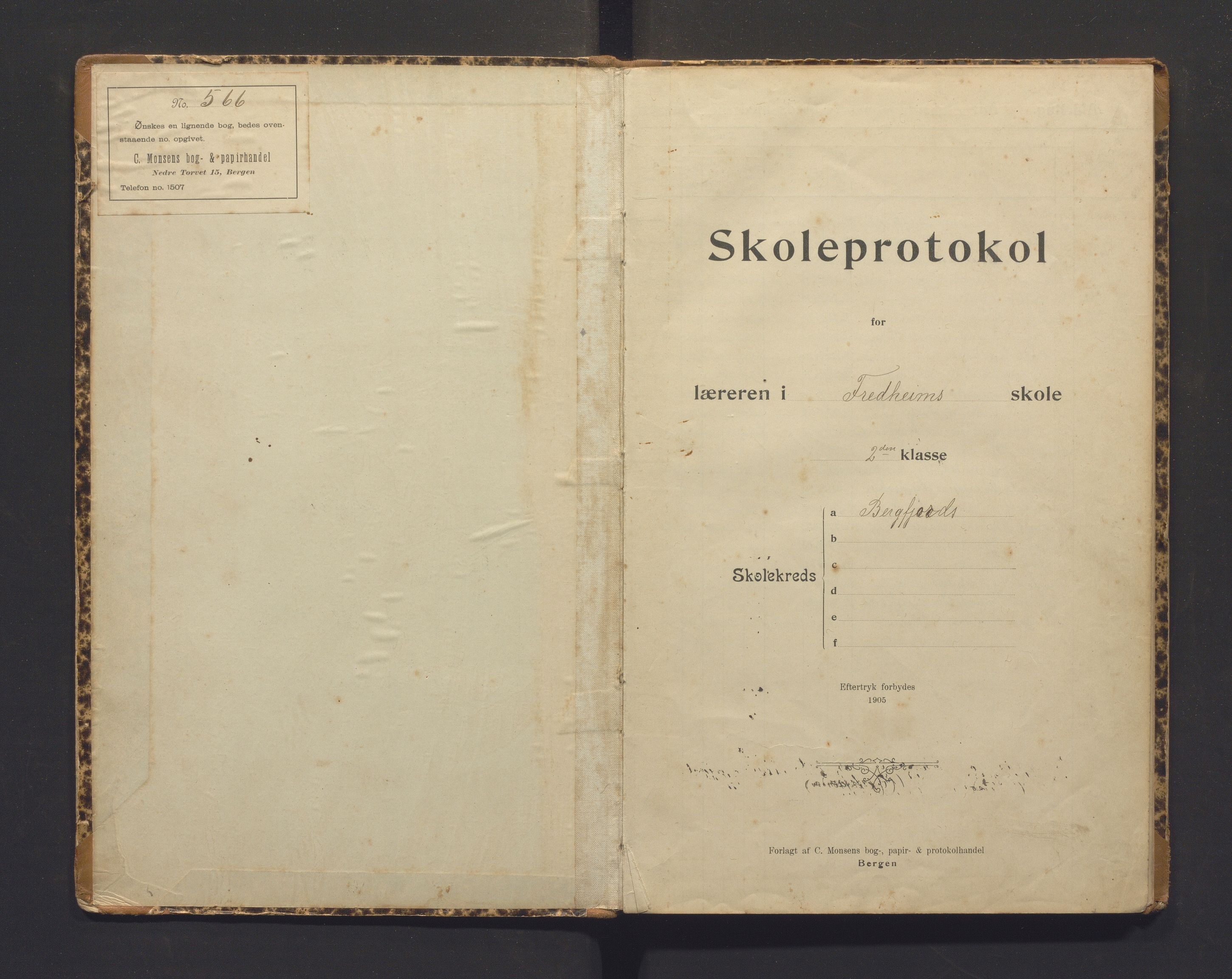 Lindås kommune. Barneskulane, IKAH/1263-231/F/Fa/L0052: Skuleprotokoll for læraren i Fredheim skule, Bergfjords krins, 1906-1946