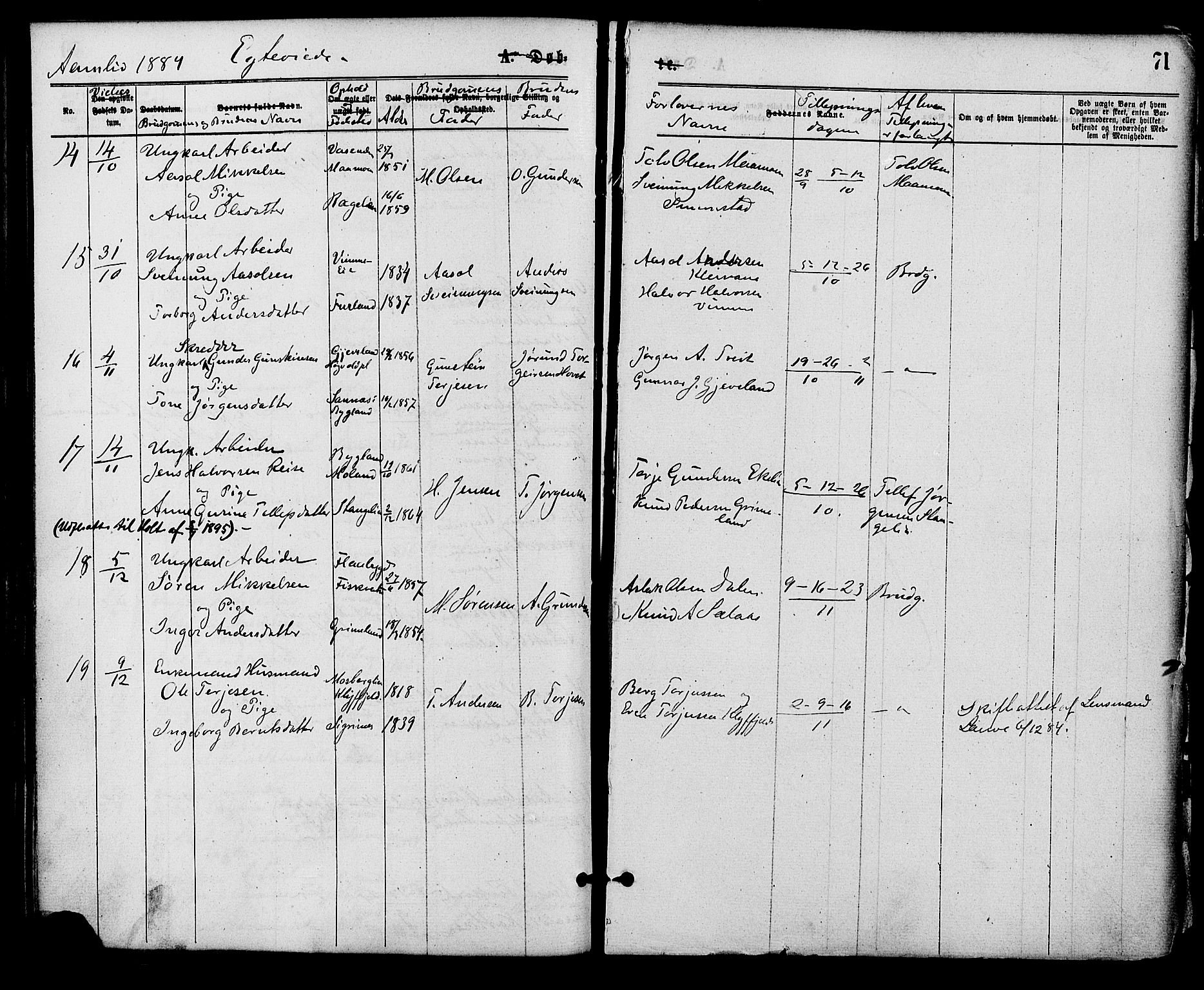 Åmli sokneprestkontor, SAK/1111-0050/F/Fa/Fac/L0009: Parish register (official) no. A 9 /1, 1869-1884, p. 71