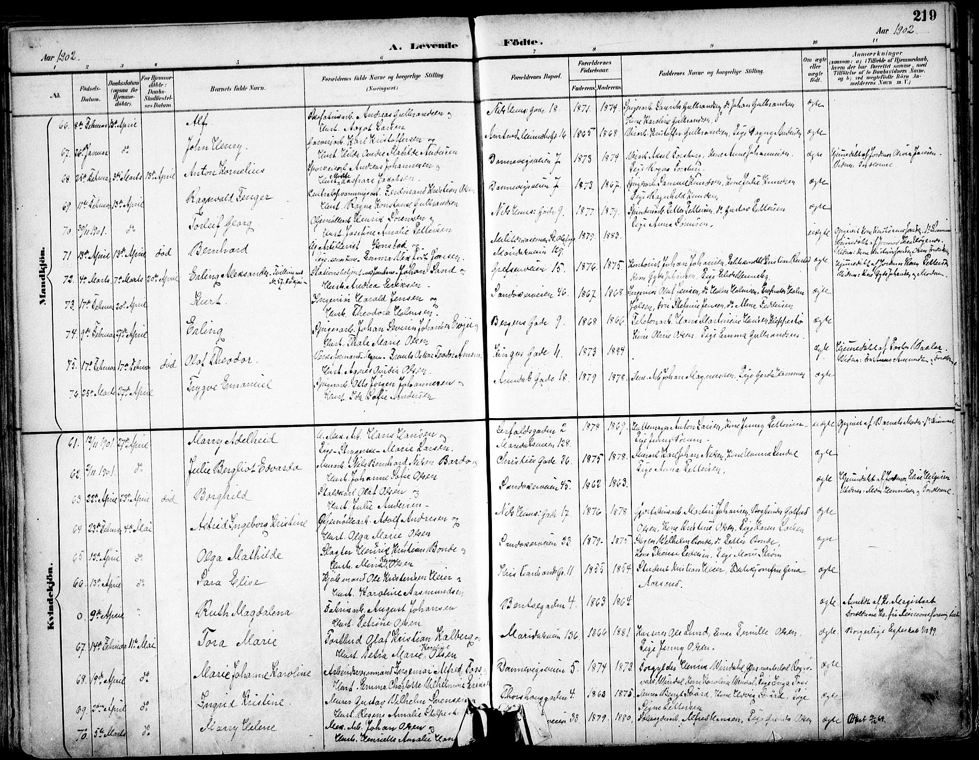 Sagene prestekontor Kirkebøker, SAO/A-10796/F/L0004: Parish register (official) no. 4, 1894-1904, p. 219