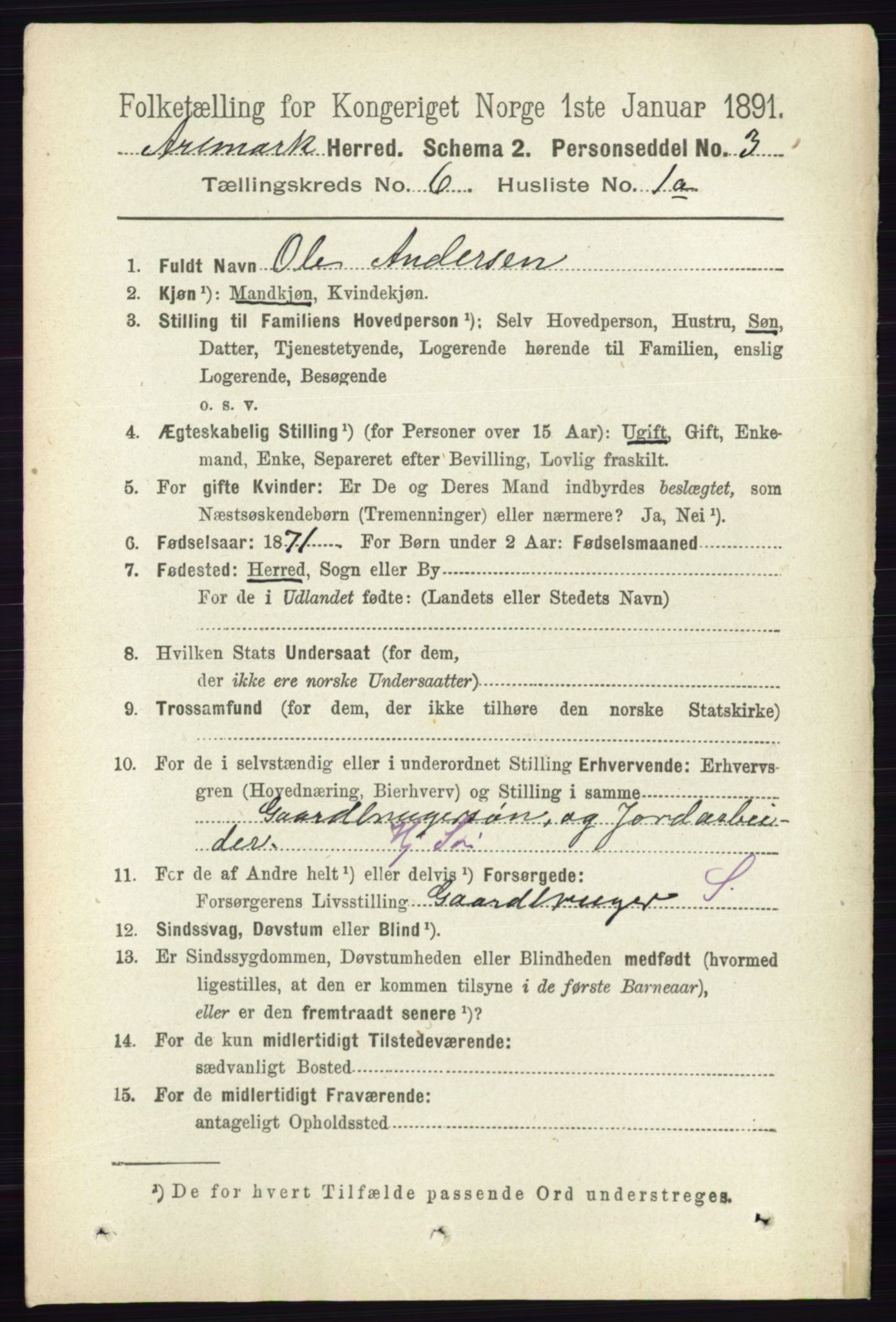 RA, 1891 census for 0118 Aremark, 1891, p. 3111