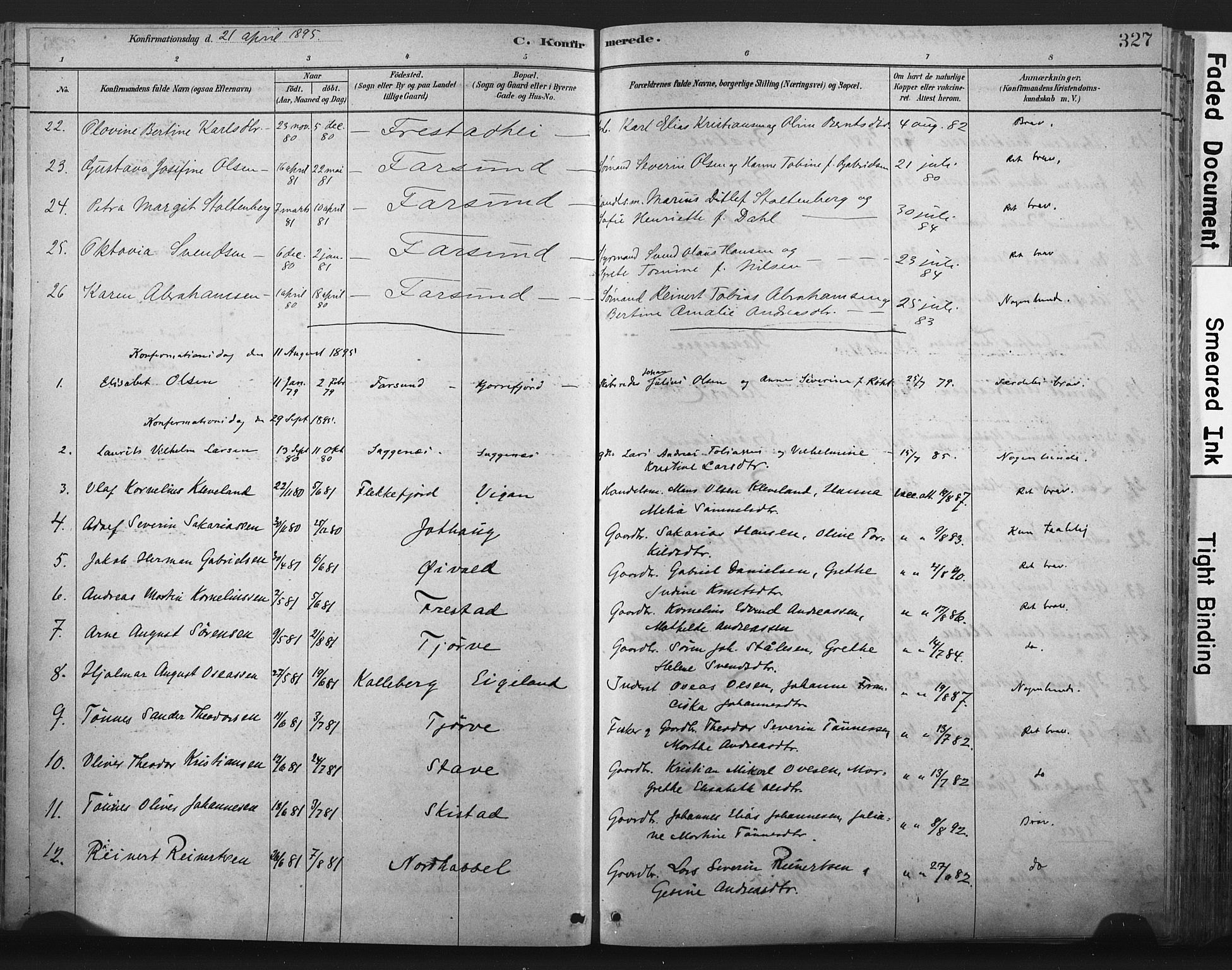 Lista sokneprestkontor, AV/SAK-1111-0027/F/Fa/L0012: Parish register (official) no. A 12, 1879-1903, p. 327