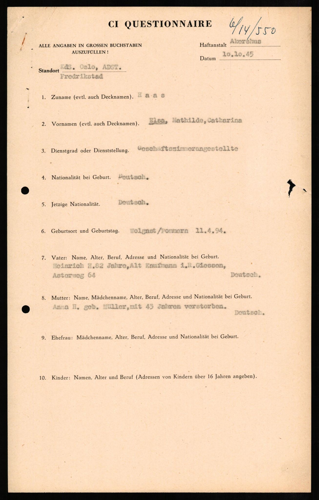 Forsvaret, Forsvarets overkommando II, RA/RAFA-3915/D/Db/L0011: CI Questionaires. Tyske okkupasjonsstyrker i Norge. Tyskere., 1945-1946, p. 89