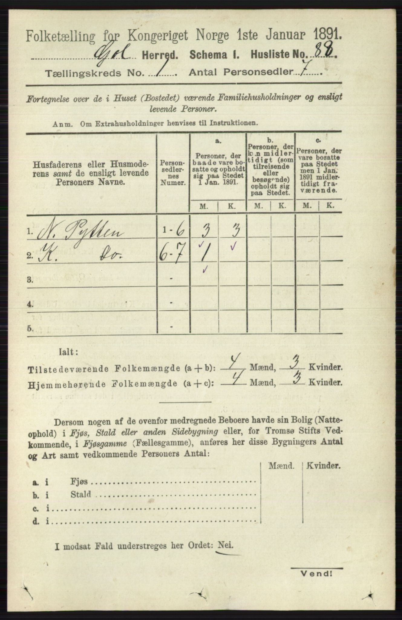 RA, 1891 census for 0617 Gol og Hemsedal, 1891, p. 115