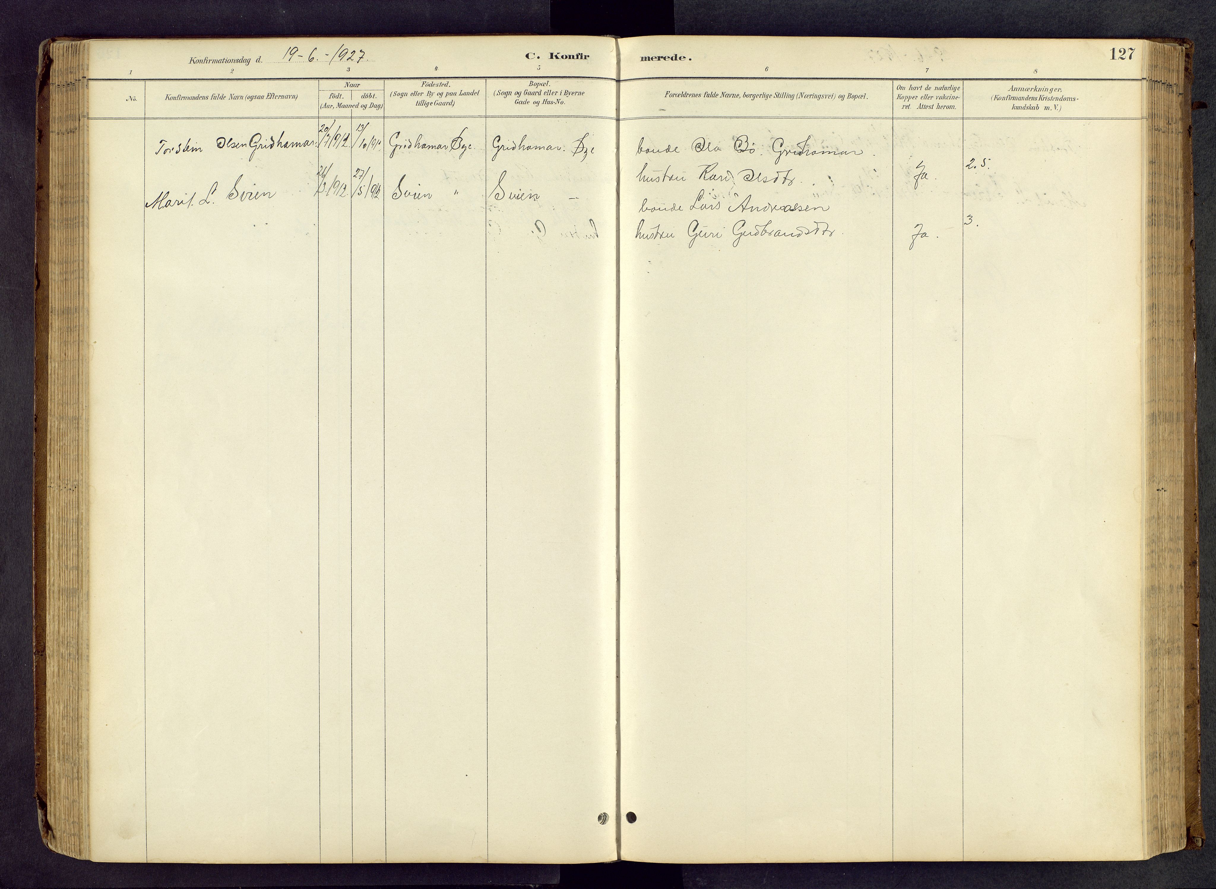Vang prestekontor, Valdres, SAH/PREST-140/H/Hb/L0005: Parish register (copy) no. 5, 1889-1945, p. 127
