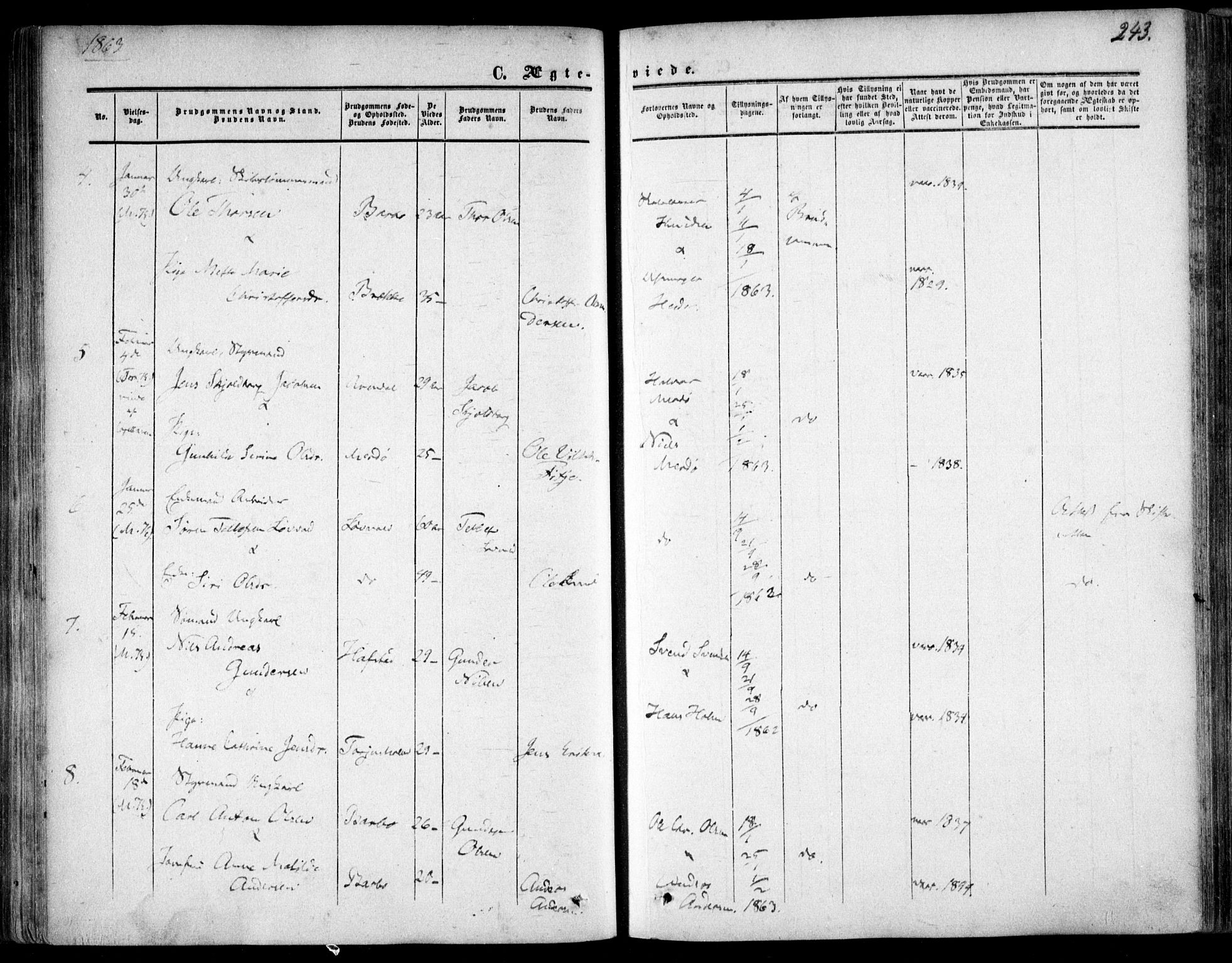 Tromøy sokneprestkontor, AV/SAK-1111-0041/F/Fa/L0006: Parish register (official) no. A 6, 1855-1863, p. 243