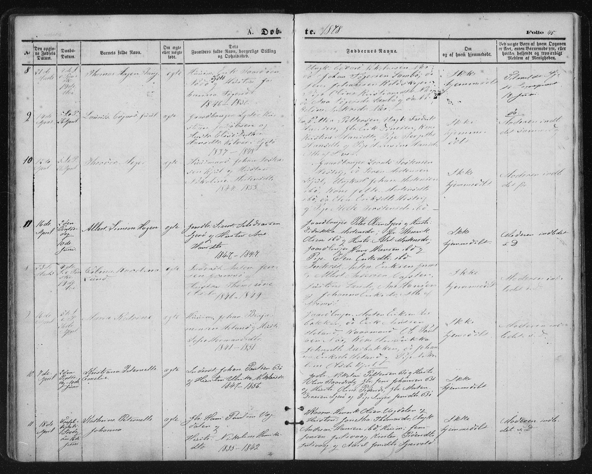 Ministerialprotokoller, klokkerbøker og fødselsregistre - Nordland, AV/SAT-A-1459/816/L0241: Parish register (official) no. 816A07, 1870-1885, p. 45